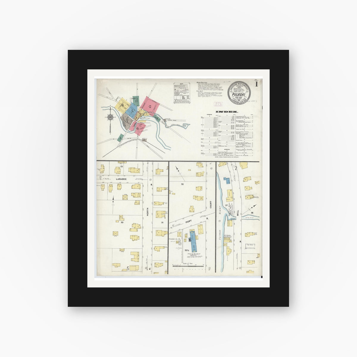 Old map wall art mockup — black gallery frame with white mat — Sanborn Fire Insurance Map from Pulaski, Oswego County, New York (1911) - Complete Map Set