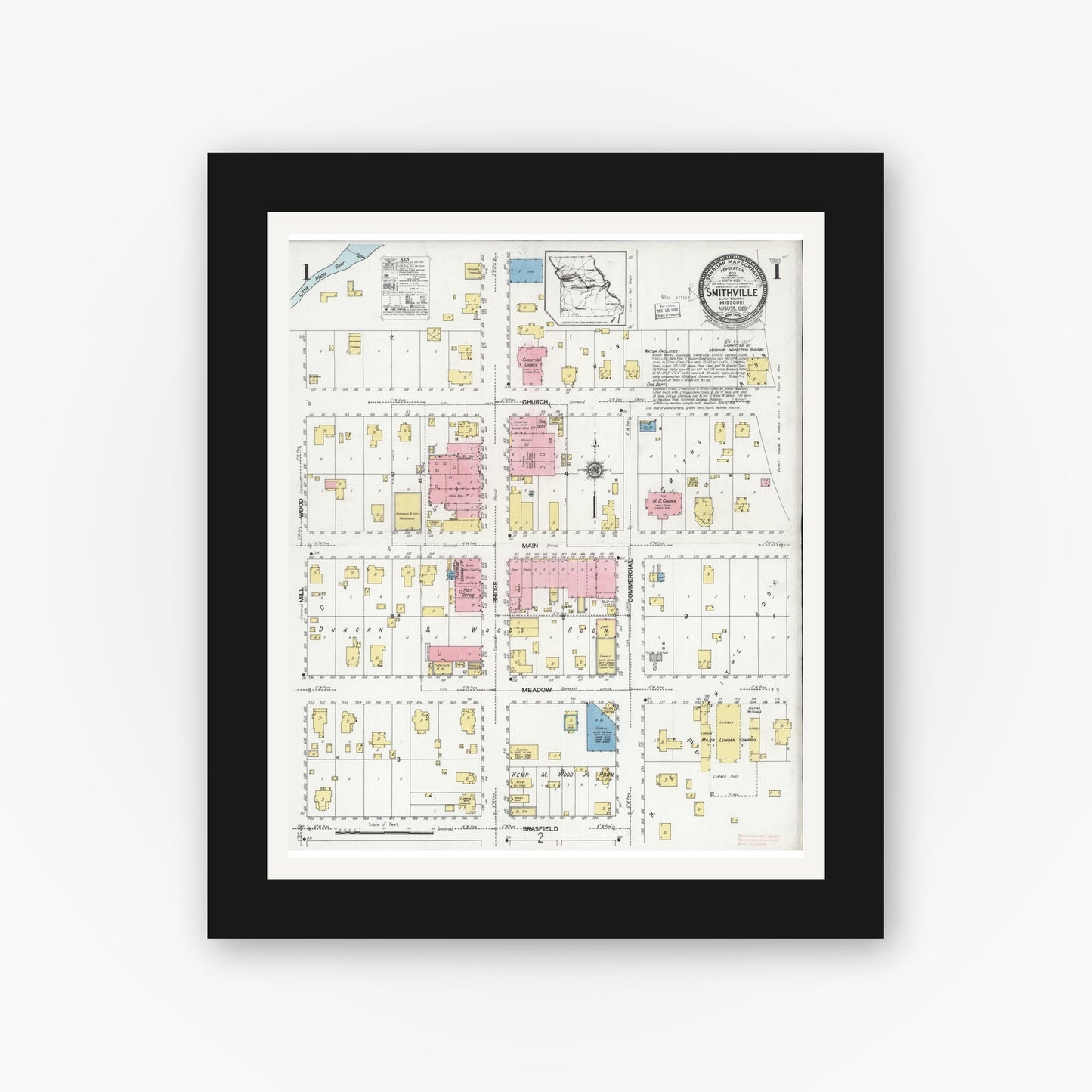 Old map wall art mockup — black gallery frame with white mat — Sanborn Fire Insurance Map from Smithville, Clay County, Missouri (1928) - Complete Map Set