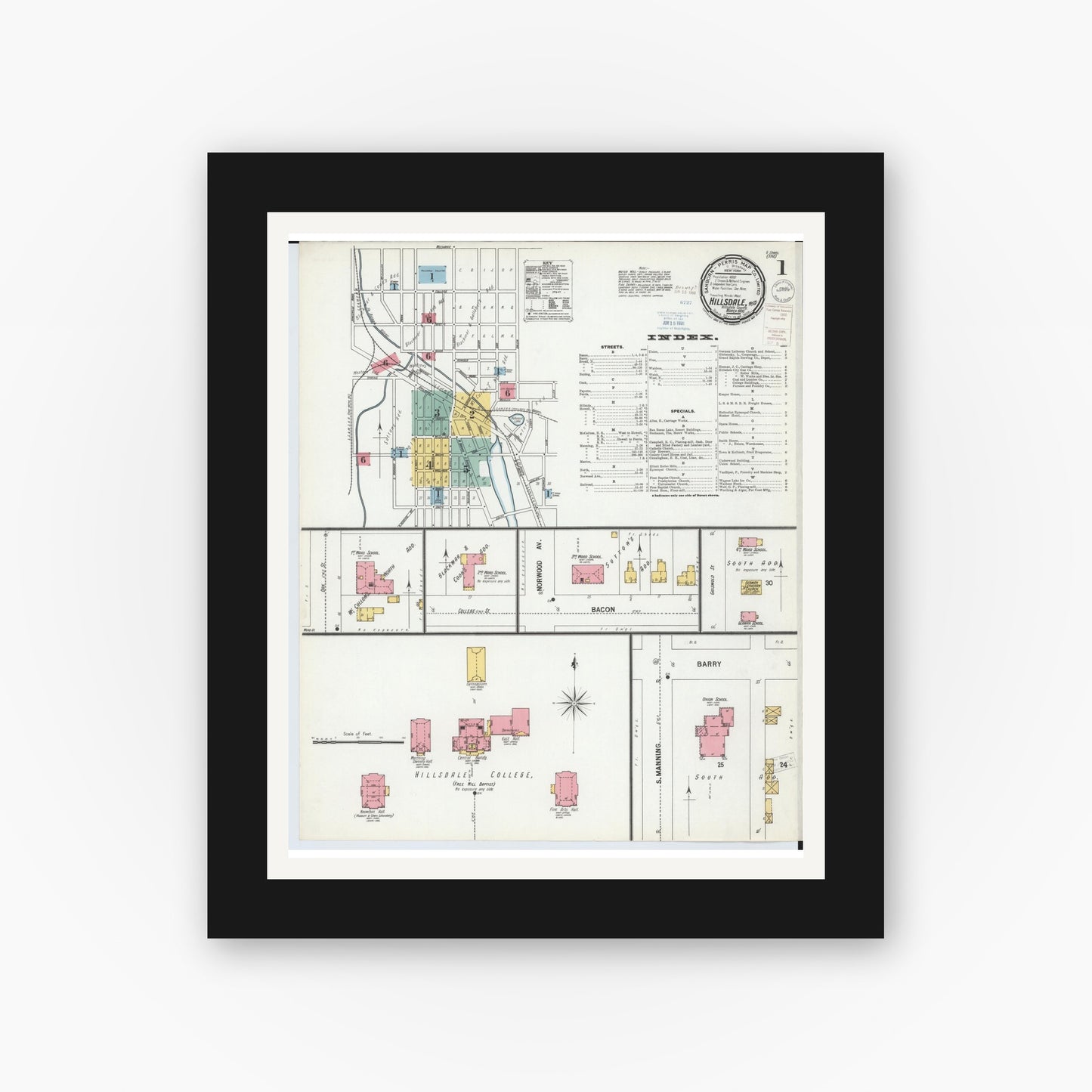 Old map wall art mockup — black gallery frame with white mat — Sanborn Fire Insurance Map from Hillsdale, Hillsdale County, Michigan (1900) - Complete Map Set