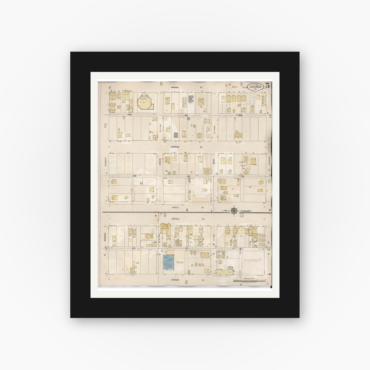 Old map wall art mockup — black gallery frame with white mat — Sanborn Fire Insurance Map from Calexico, Imperial County, California (1949), Sheet #0005