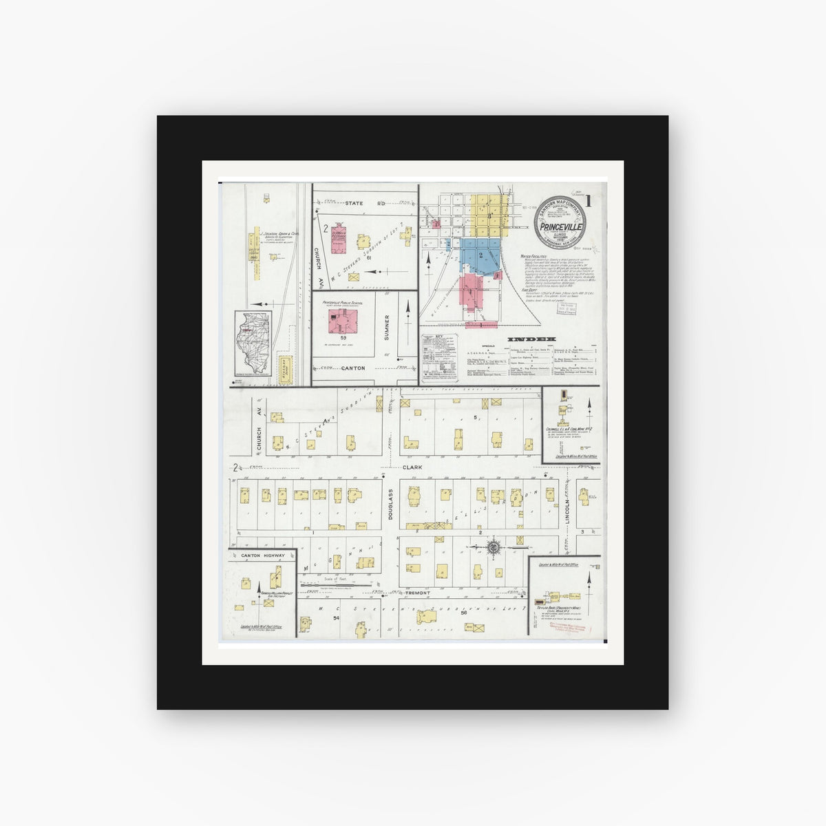 Old map wall art mockup — black gallery frame with white mat — Sanborn Fire Insurance Map from Princeville, Peoria County, Illinois (1918) - Complete Map Set