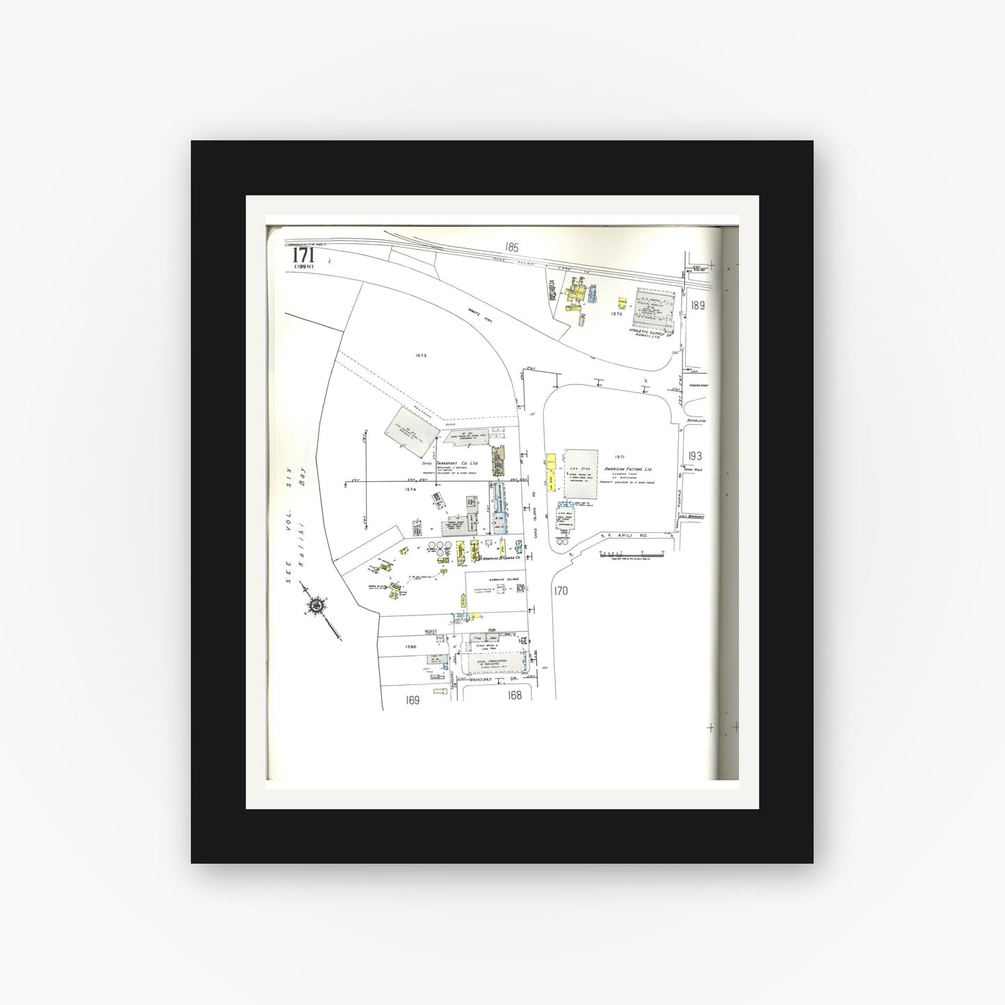 Old map wall art mockup — black gallery frame with white mat — Sanborn Fire Insurance Map from Honolulu, Oahu County, Hawaii (1955), Sheet #0171