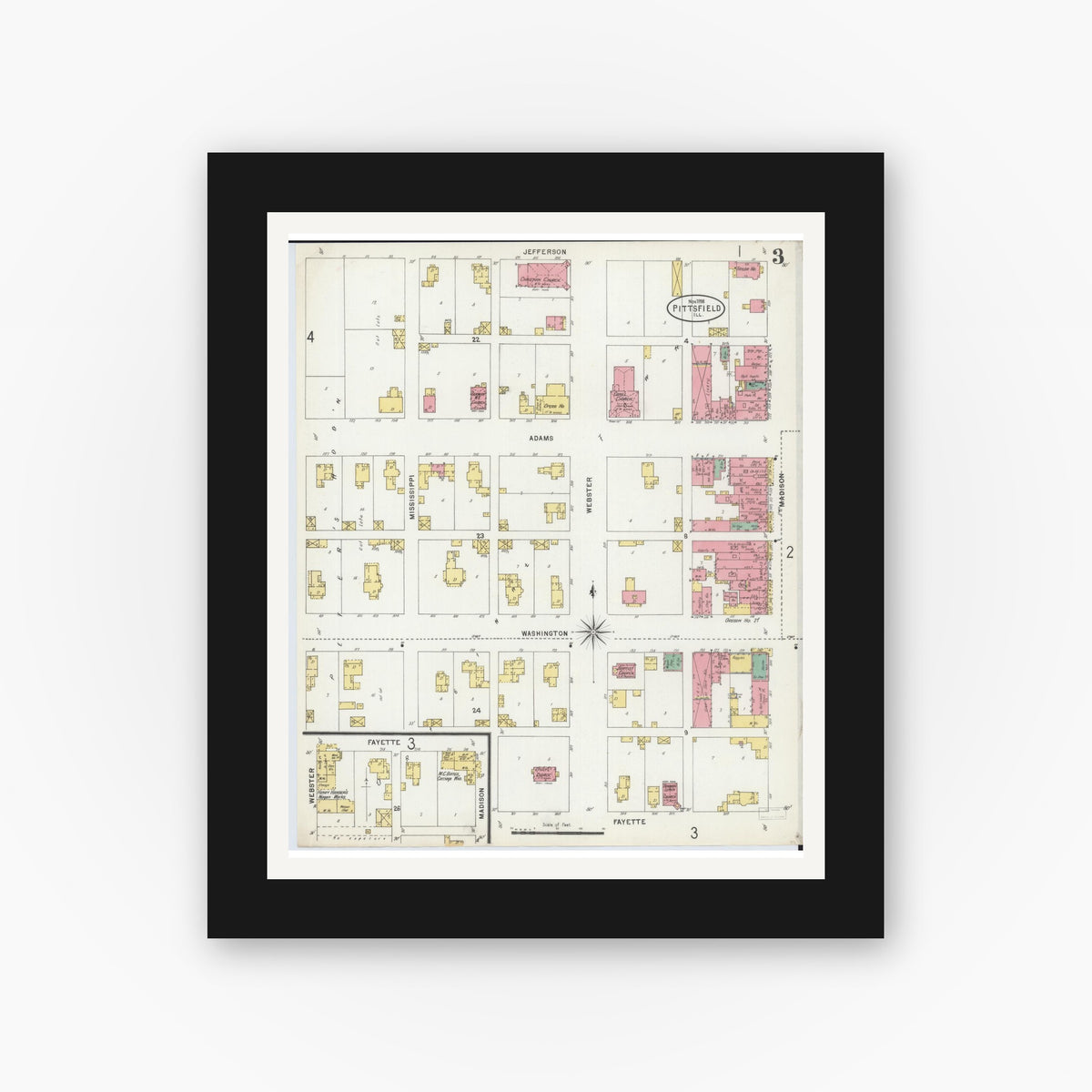 Old map wall art mockup — black gallery frame with white mat — Sanborn Fire Insurance Map from Pittsfield, Pike County, Illinois (1898), Sheet #0003