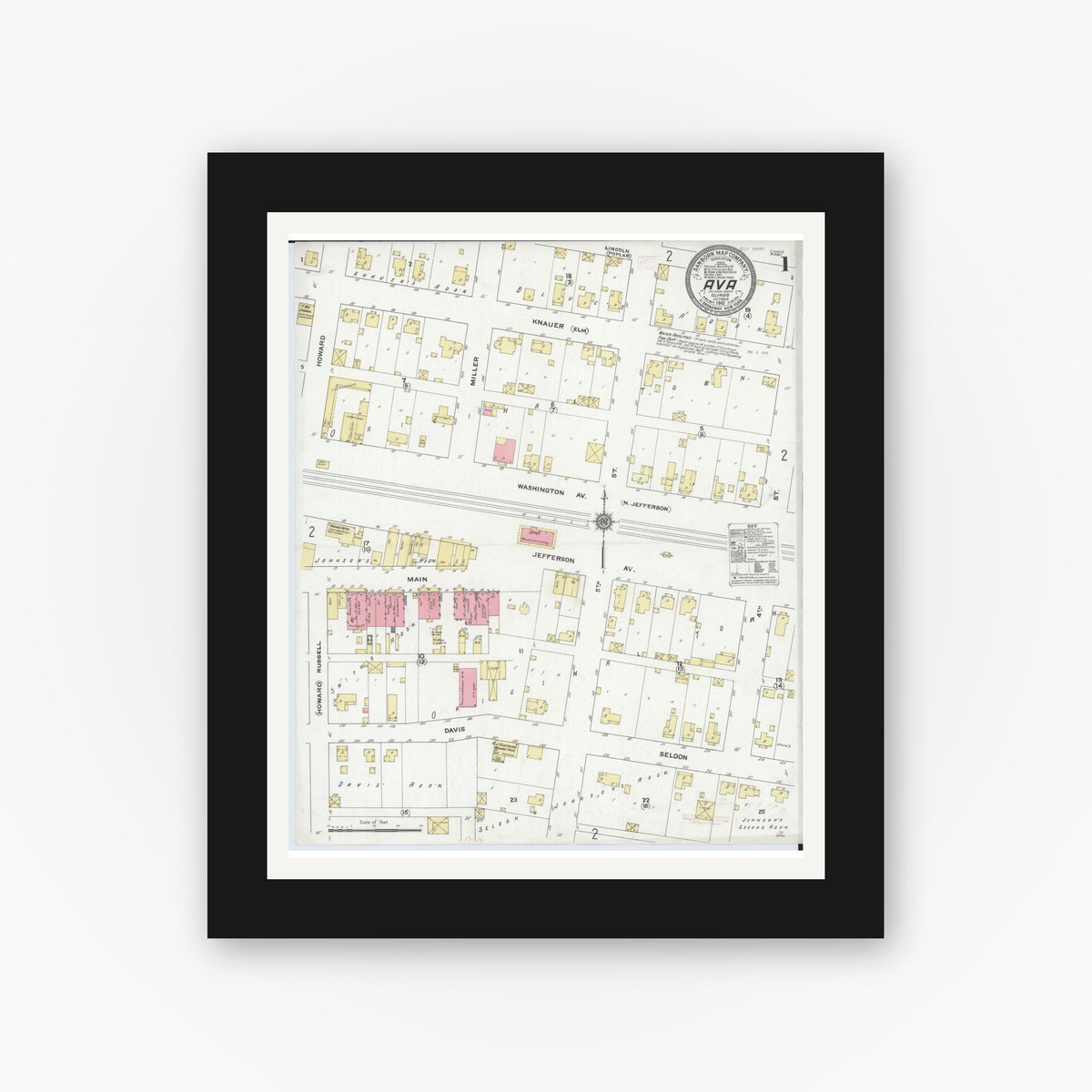 Old map wall art mockup — black gallery frame with white mat — Sanborn Fire Insurance Map from Ava, Jackson County, Illinois (1910), Sheet #0001