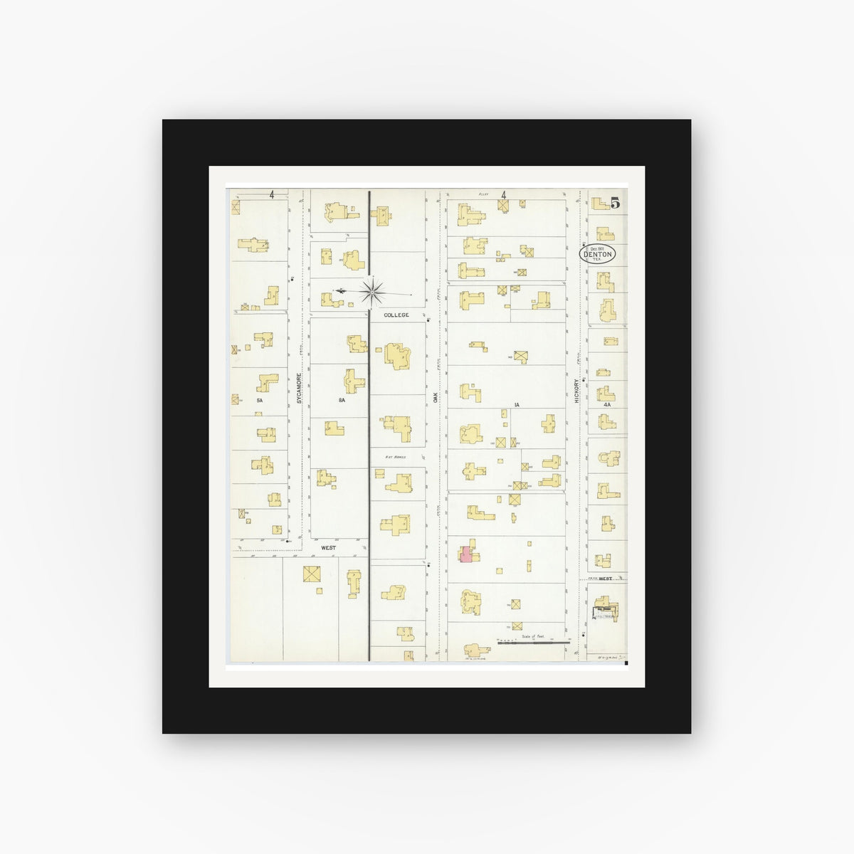 Old map wall art mockup — black gallery frame with white mat — Sanborn Fire Insurance Map from Denton, Denton County, Texas (1901), Sheet #0005