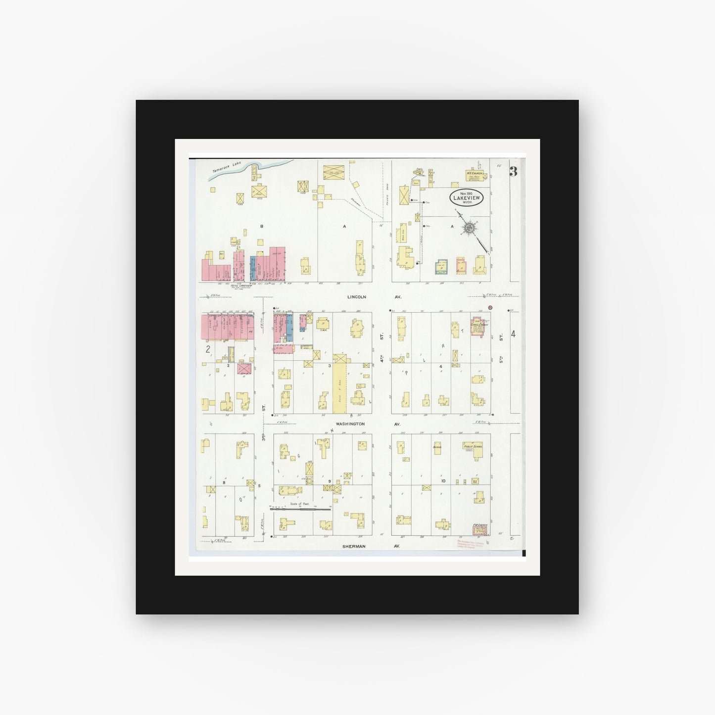 Old map wall art mockup — black gallery frame with white mat — Sanborn Fire Insurance Map from Lakeview, Montcalm County, Michigan (1910), Sheet #0003
