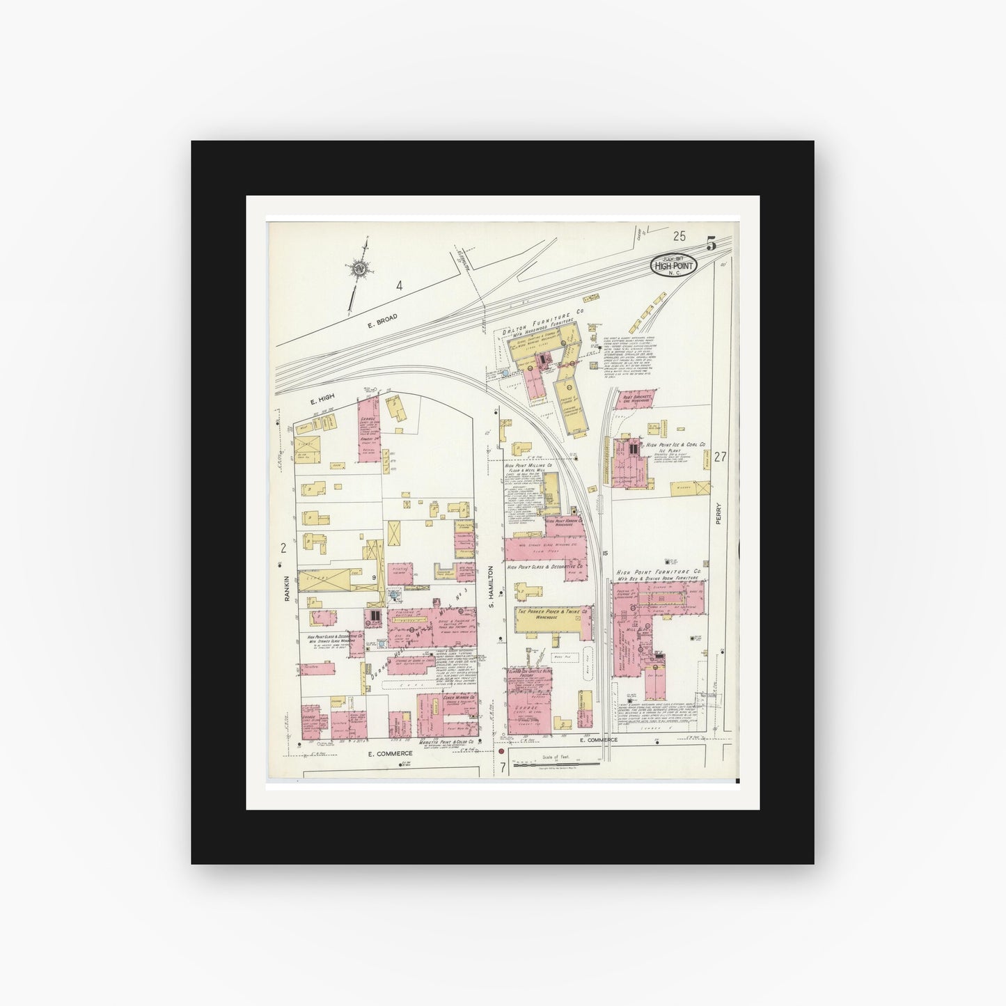 Old map wall art mockup — black gallery frame with white mat — Sanborn Fire Insurance Map from High Point, Guilford County, North Carolina (1917), Sheet #0005
