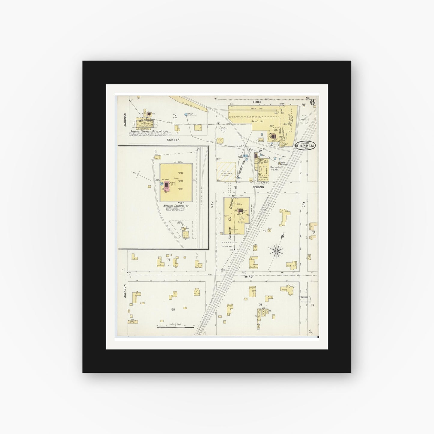 Old map wall art mockup — black gallery frame with white mat — Sanborn Fire Insurance Map from Brenham, Washington County, Texas (1896), Sheet #0006
