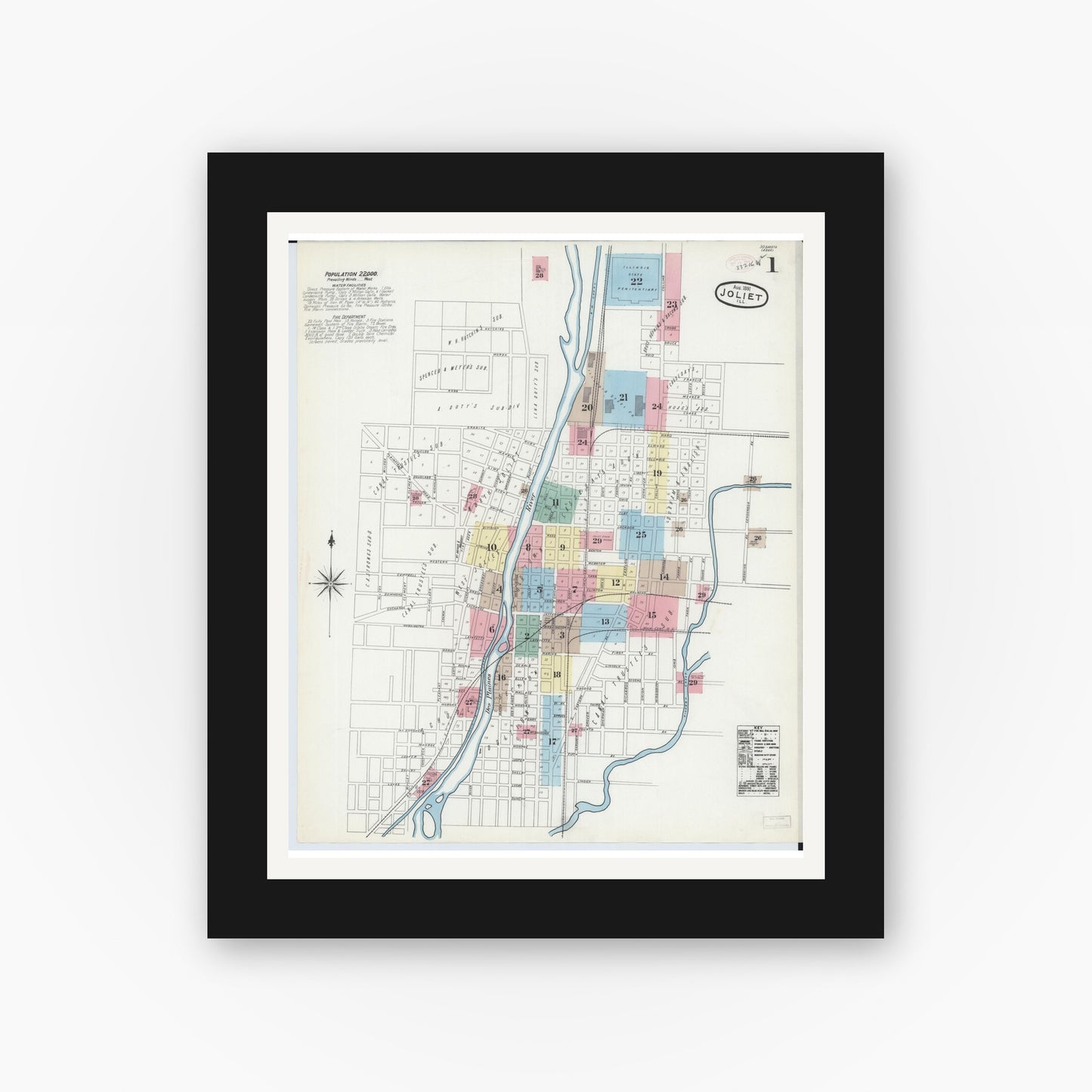 Old map wall art mockup — black gallery frame with white mat — Sanborn Fire Insurance Map from Joliet, Will County, Illinois (1891) - Complete Map Set