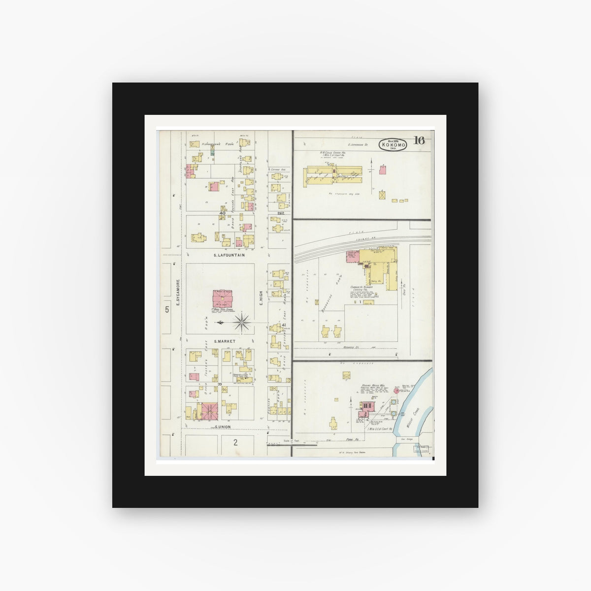 Old map wall art mockup — black gallery frame with white mat — Sanborn Fire Insurance Map from Kokomo, Howard County, Indiana (1896), Sheet #0016