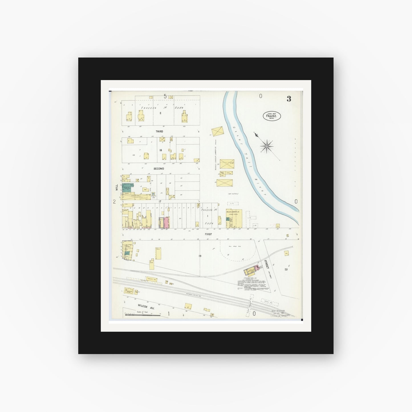 Old map wall art mockup — black gallery frame with white mat — Sanborn Fire Insurance Map from Frazee, Becker County, Minnesota (1907), Sheet #0003