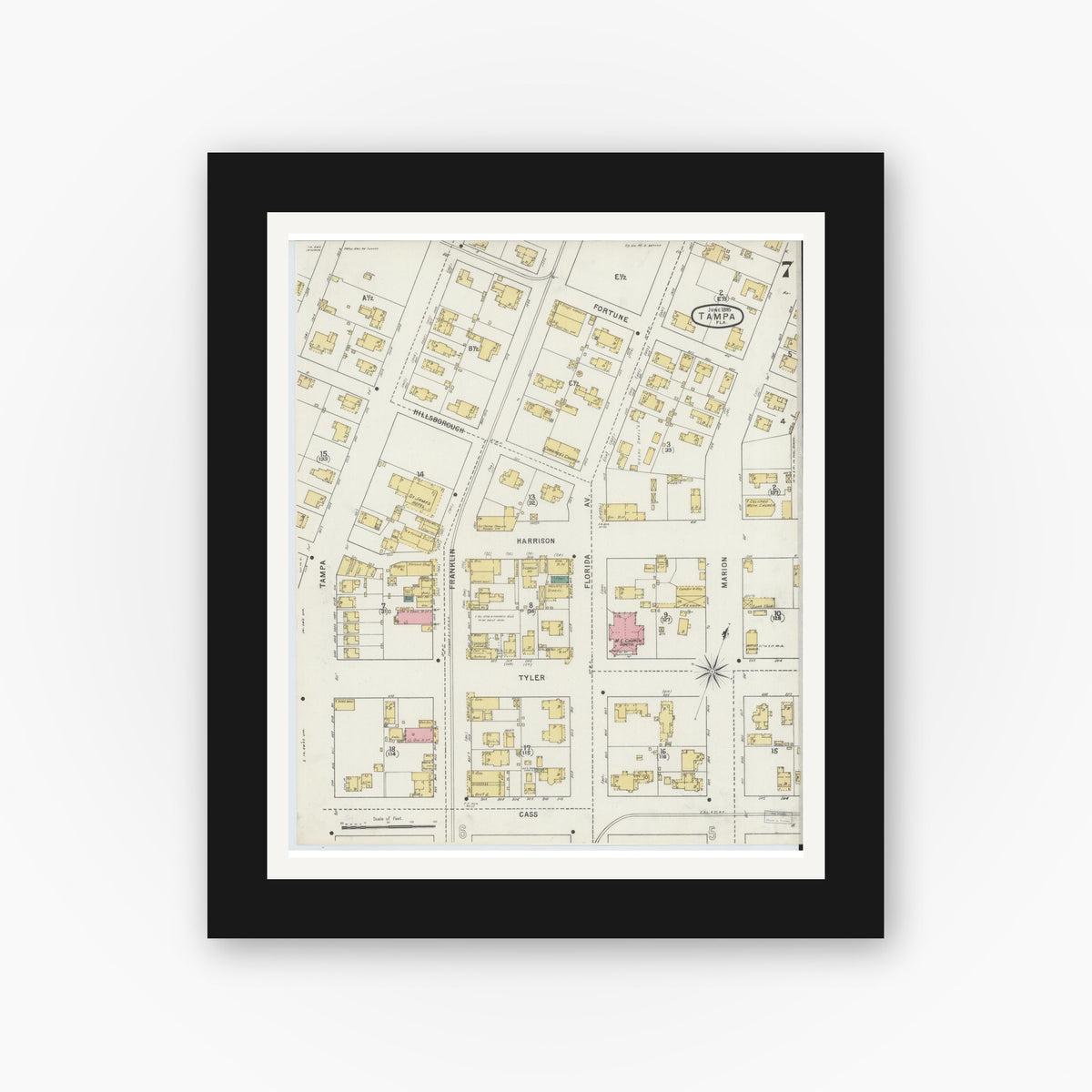 Old map wall art mockup — black gallery frame with white mat — Sanborn Fire Insurance Map from Tampa, Hillsborough County, Florida (1895), Sheet #0011