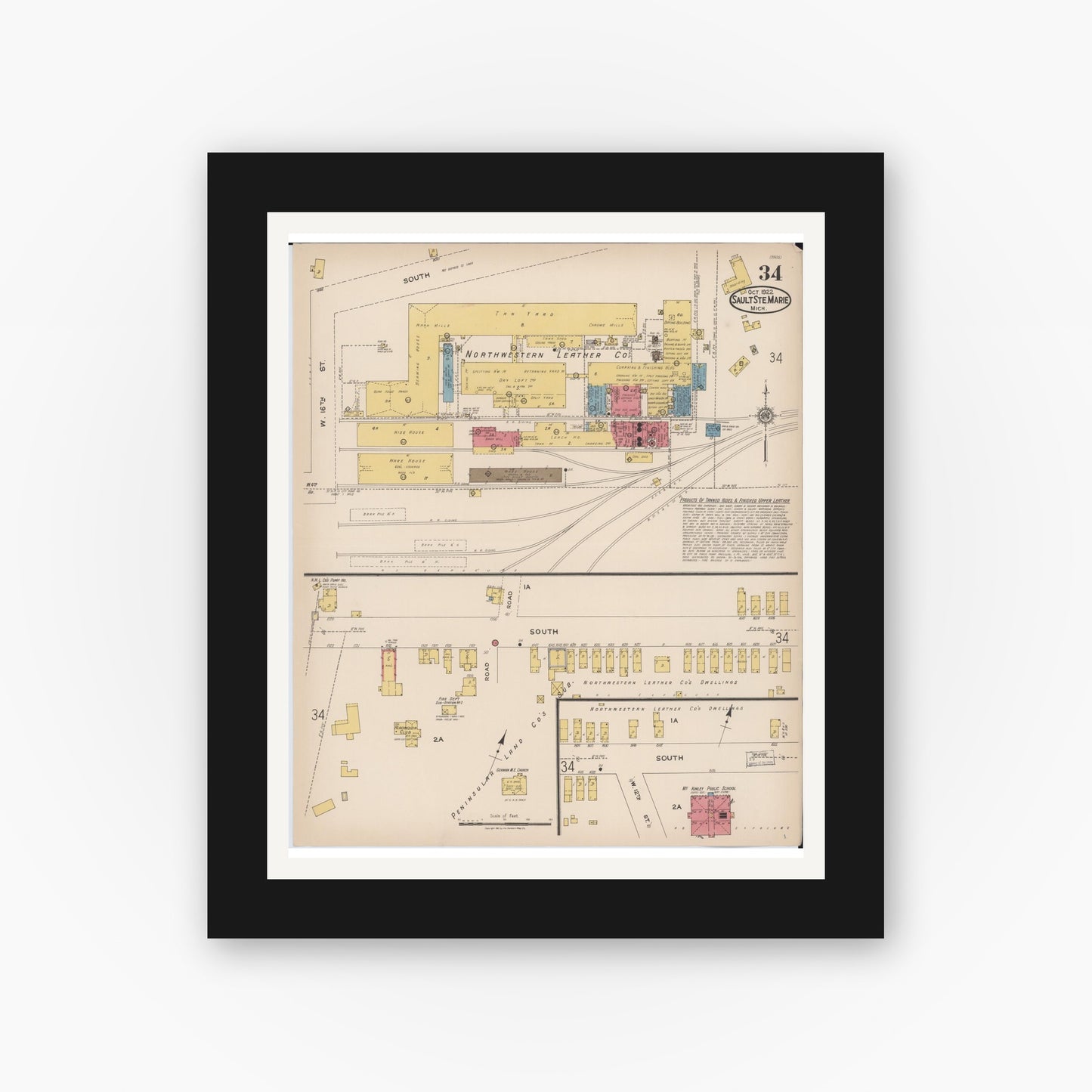 Old map wall art mockup — black gallery frame with white mat — Sanborn Fire Insurance Map from Sault Sainte Marie, Chippewa County, Michigan (1922), Sheet #0034
