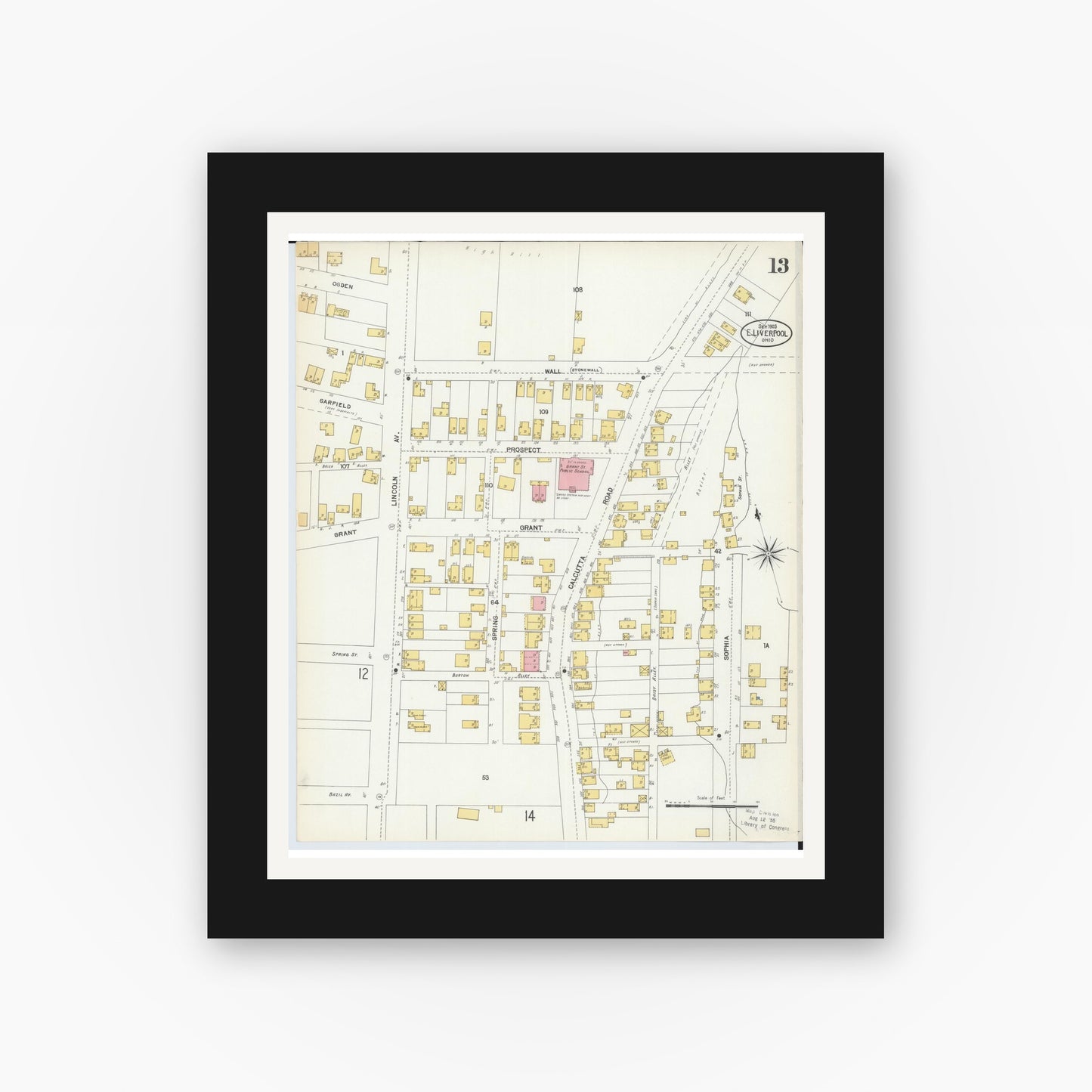 Old map wall art mockup — black gallery frame with white mat — Sanborn Fire Insurance Map from East Liverpool, Columbiana County, Ohio (1903), Sheet #0013