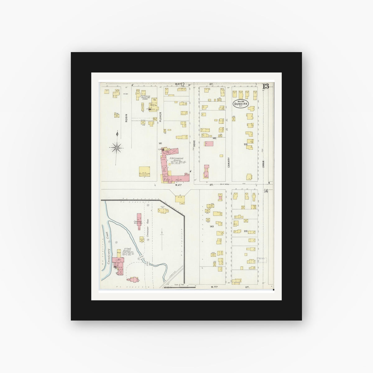 Old map wall art mockup — black gallery frame with white mat — Sanborn Fire Insurance Map from Dunkirk, Chautauqua County, New York (1898), Sheet #0013