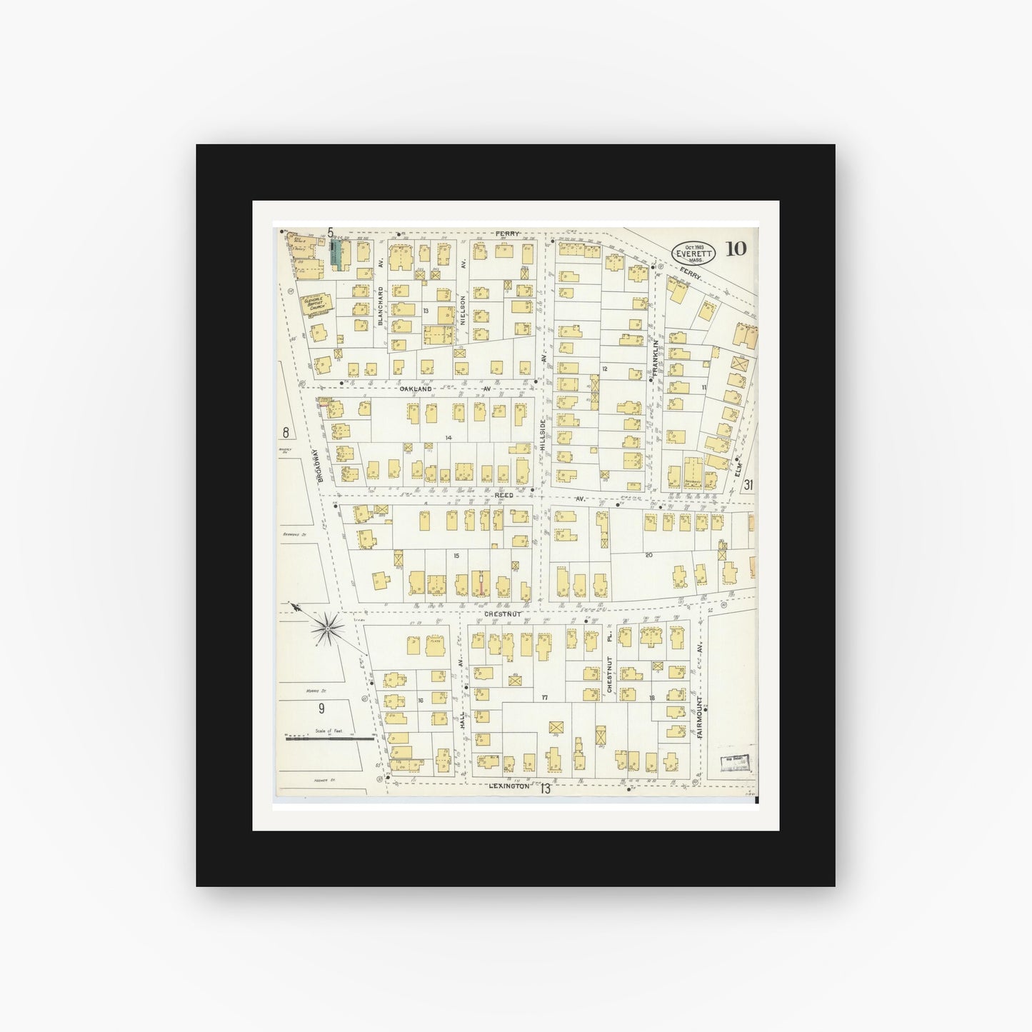Old map wall art mockup — black gallery frame with white mat — Sanborn Fire Insurance Map from Everett, Middlesex County, Massachusetts (1903), Sheet #0010