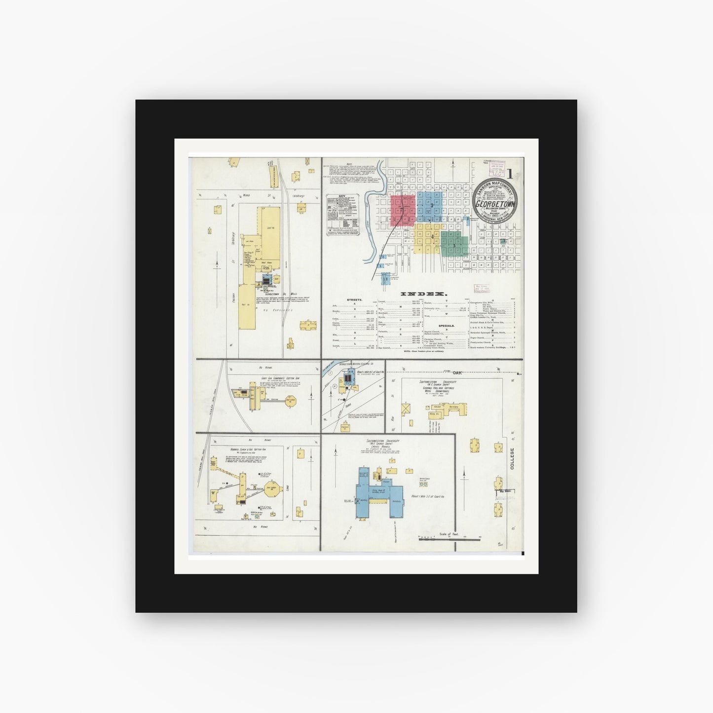 Old map wall art mockup — black gallery frame with white mat — Sanborn Fire Insurance Map from Georgetown, Williamson County, Texas (1905) - Complete Map Set