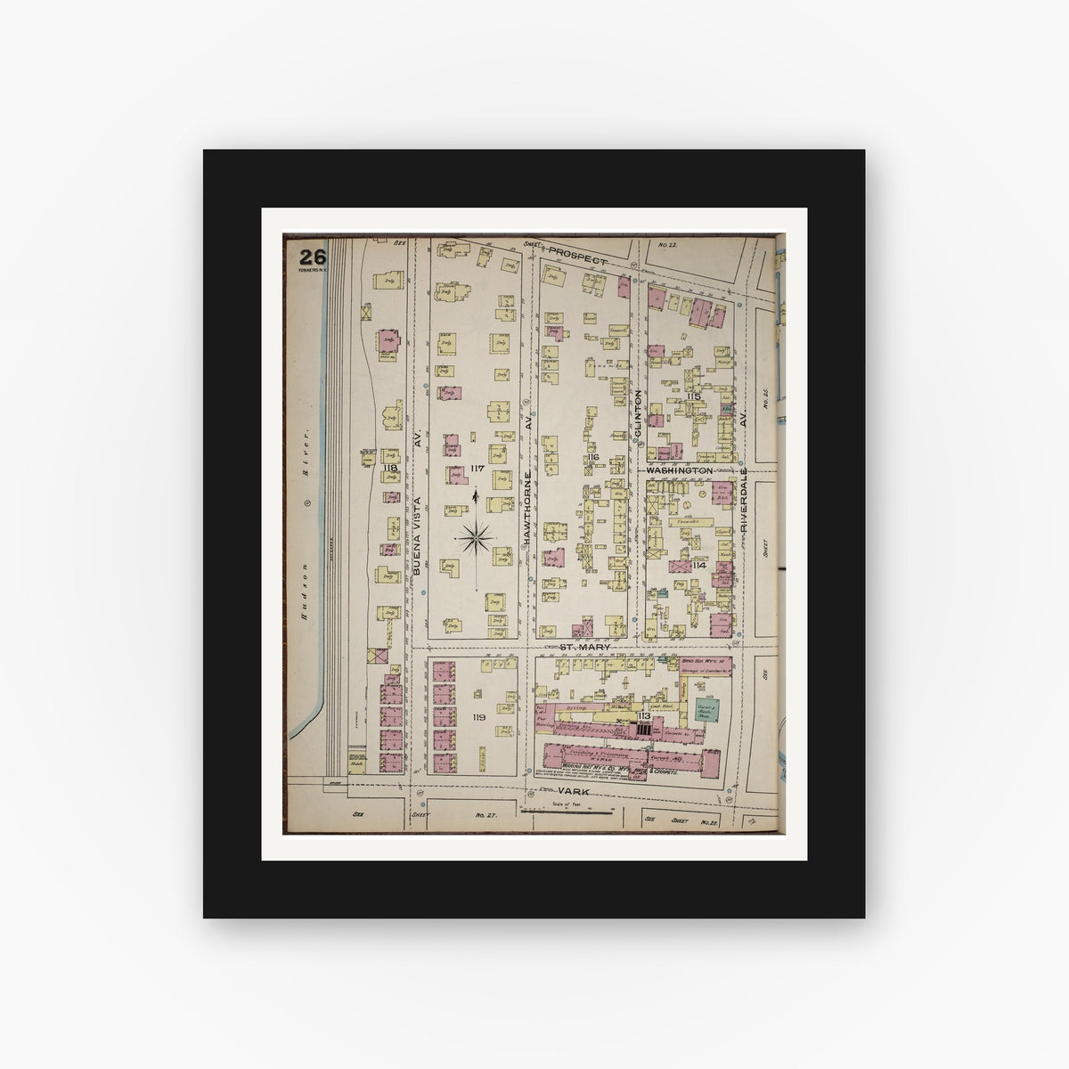 Old map wall art mockup — black gallery frame with white mat — Sanborn Fire Insurance Map from Yonkers, Westchester County, New York (1886), Sheet #0026