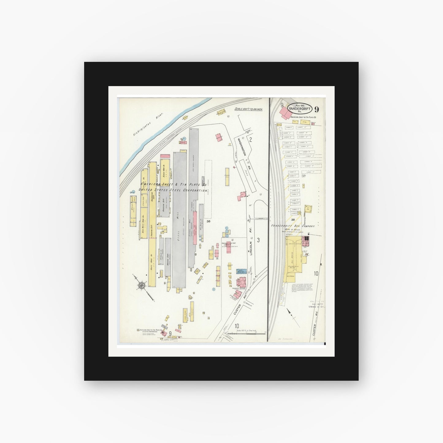Old map wall art mockup — black gallery frame with white mat — Sanborn Fire Insurance Map from Vandergrift, Westmoreland County, Pennsylvania (1915), Sheet #0009
