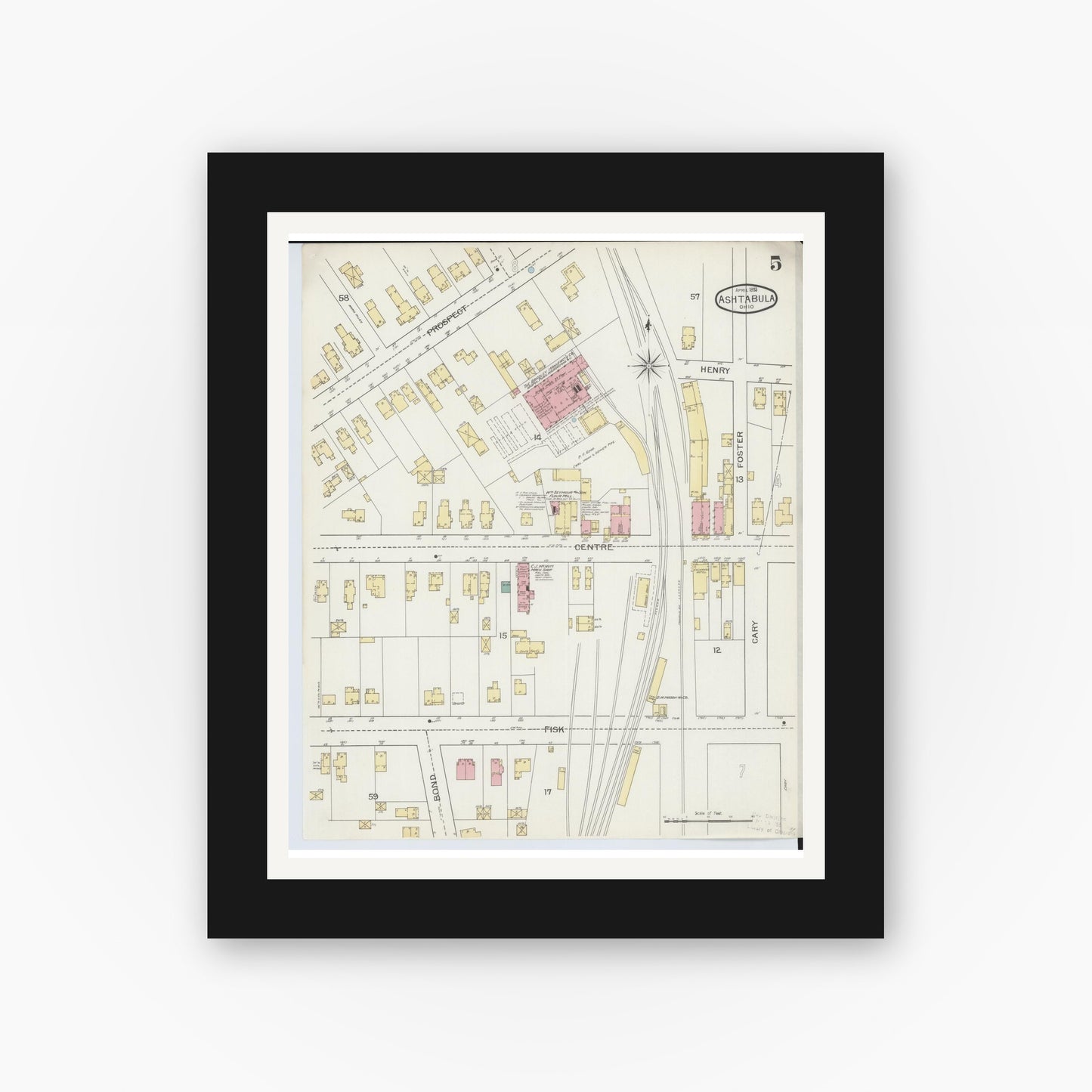 Old map wall art mockup — black gallery frame with white mat — Sanborn Fire Insurance Map from Ashtabula, Ashtabula County, Ohio (1893), Sheet #0005