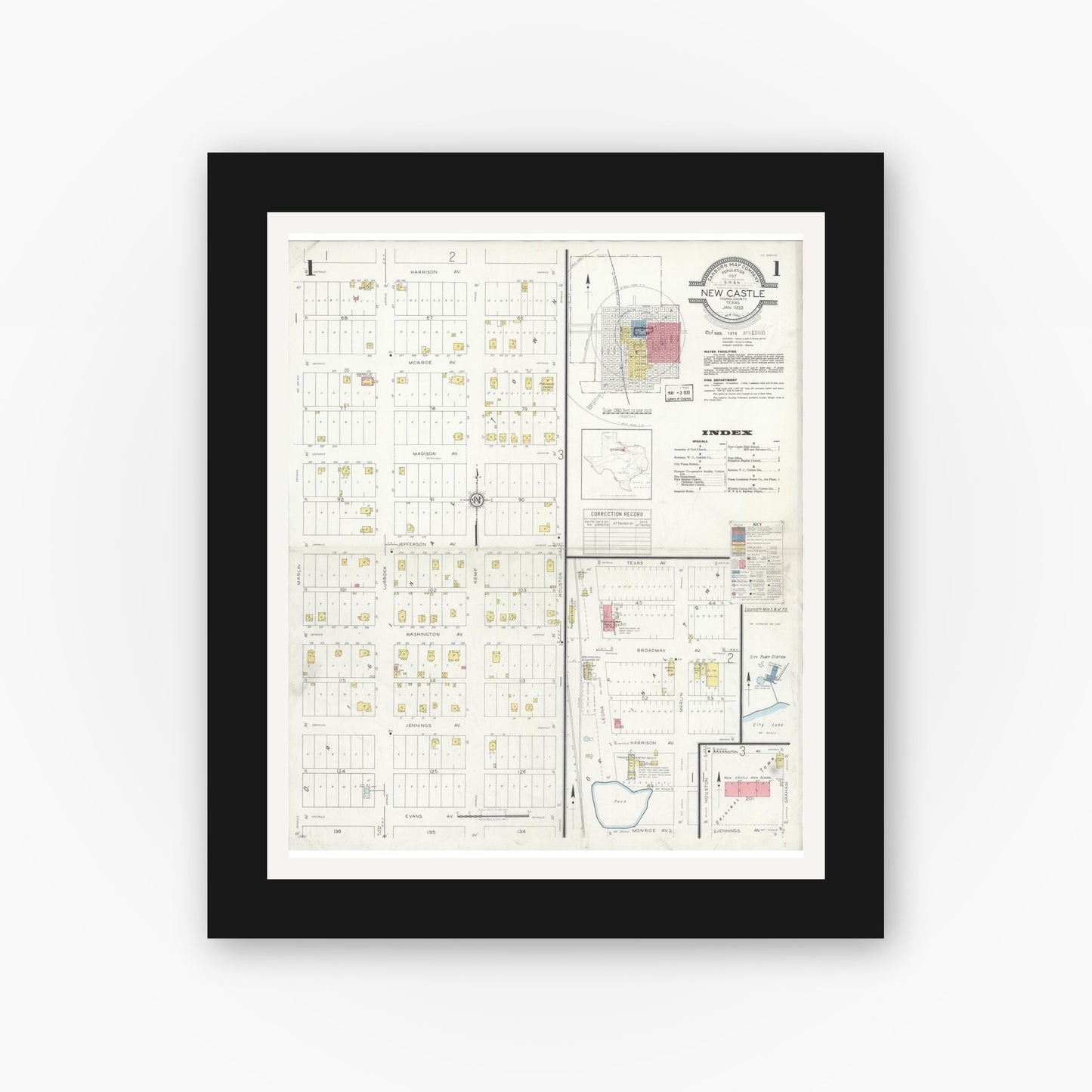 Old map wall art mockup — black gallery frame with white mat — Sanborn Fire Insurance Map from Newcastle, Young County, Texas (1933), Sheet #0001
