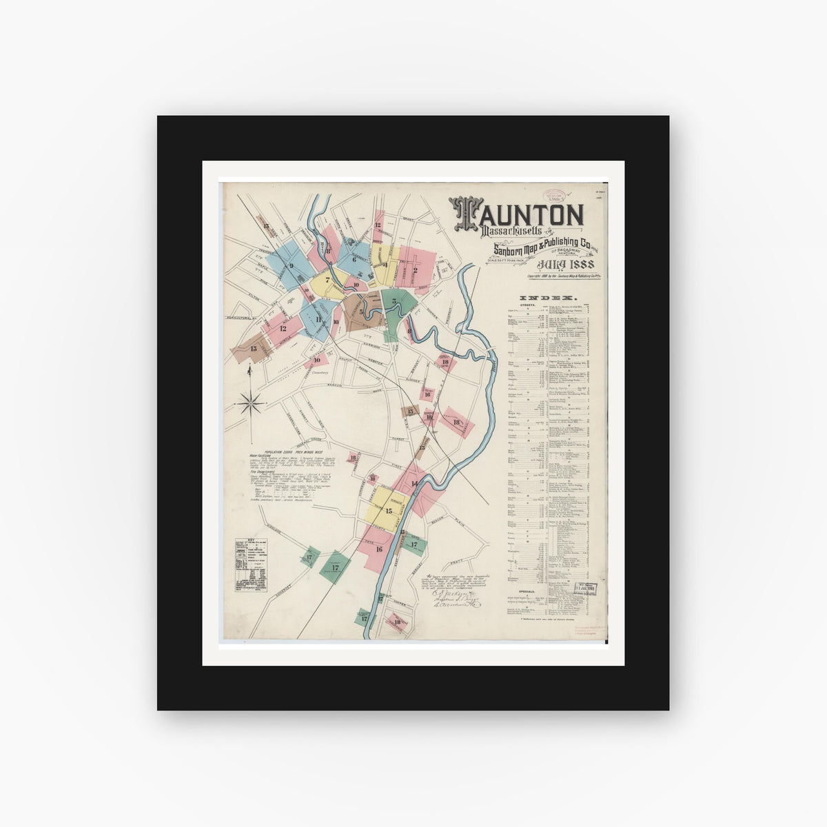 Old map wall art mockup — black gallery frame with white mat — Sanborn Fire Insurance Map from Taunton, Bristol County, Massachusetts (1888), Sheet #0001