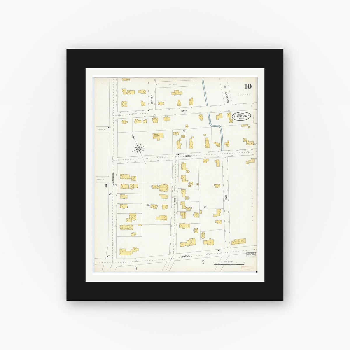 Old map wall art mockup — black gallery frame with white mat — Sanborn Fire Insurance Map from Winchendon, Worcester County, Massachusetts (1904), Sheet #0010