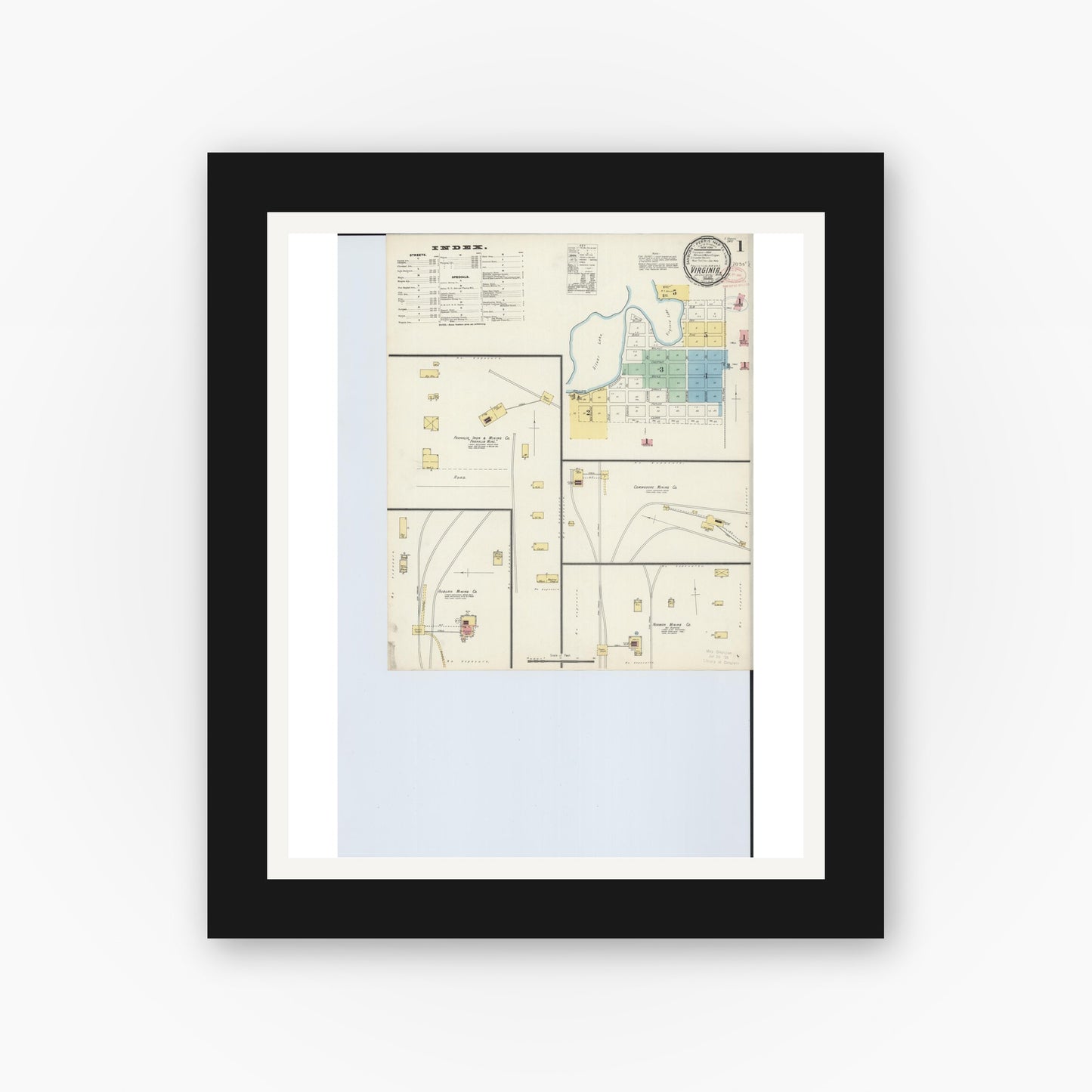 Old map wall art mockup — black gallery frame with white mat — Sanborn Fire Insurance Map from Virginia, Saint Louis County, Minnesota (1897) - Complete Map Set