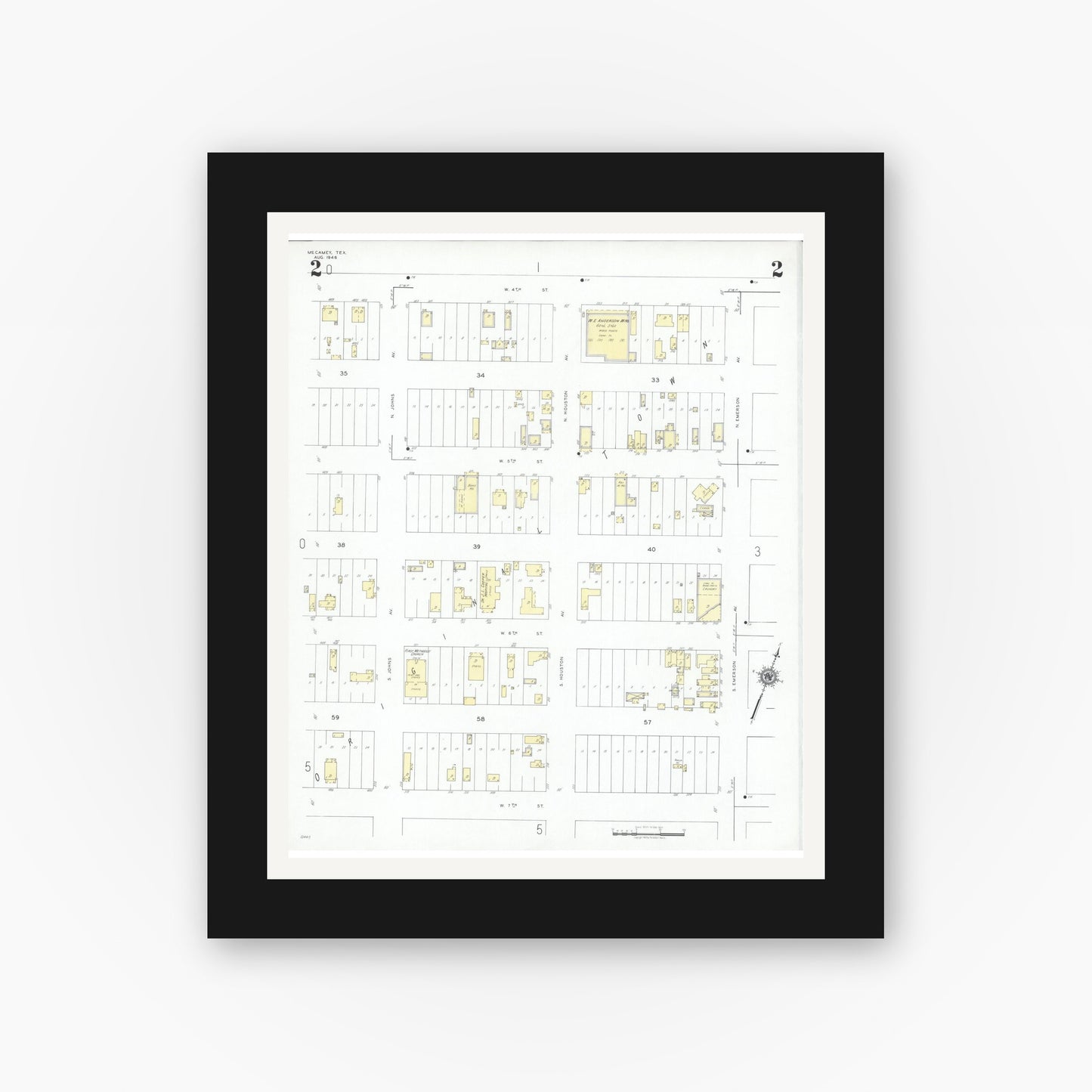 Old map wall art mockup — black gallery frame with white mat — Sanborn Fire Insurance Map from McCamey, Upton County, Texas (1946), Sheet #0002
