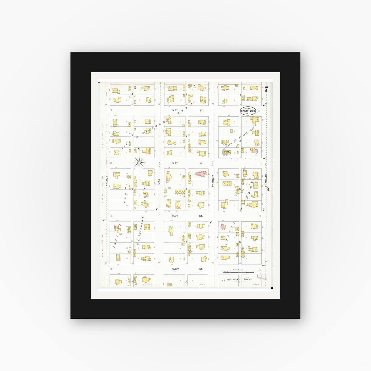Old map wall art mockup — black gallery frame with white mat — Sanborn Fire Insurance Map from Cedar Falls, Black Hawk County, Iowa (1900), Sheet #0007