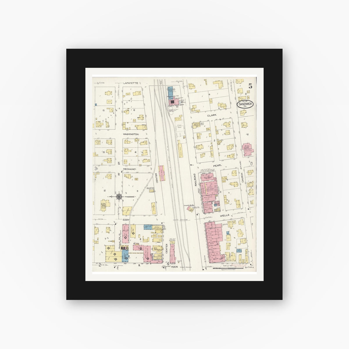 Old map wall art mockup — black gallery frame with white mat — Sanborn Fire Insurance Map from Sandwich, De Kalb County, Illinois (1921), Sheet #0005