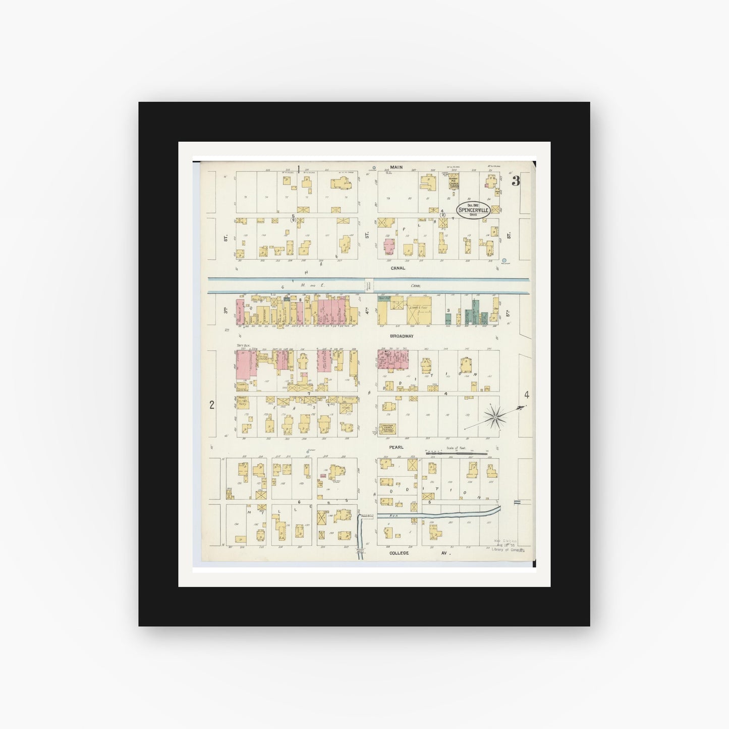 Old map wall art mockup — black gallery frame with white mat — Sanborn Fire Insurance Map from Spencerville, Allen County, Ohio (1902), Sheet #0003