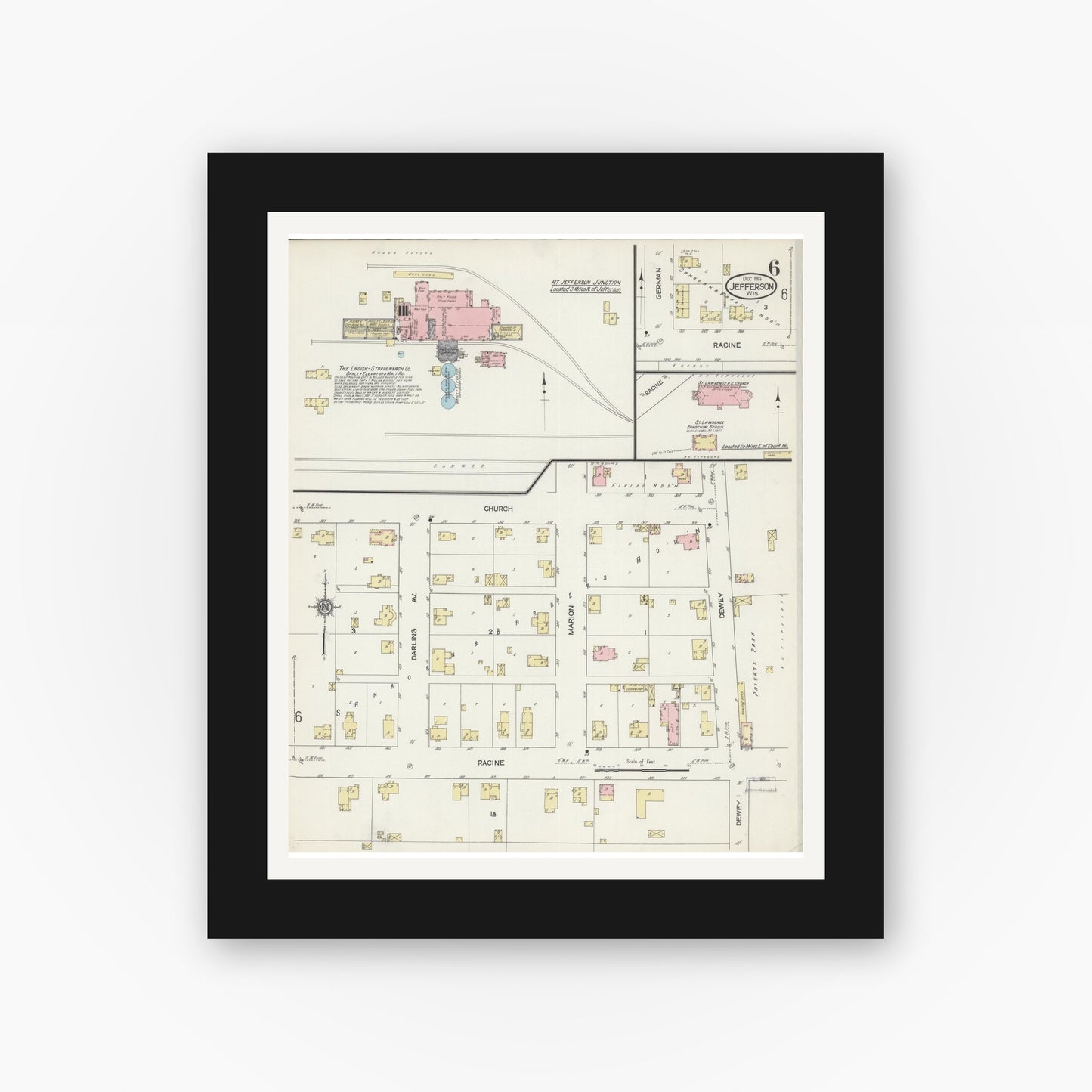 Old map wall art mockup — black gallery frame with white mat — Sanborn Fire Insurance Map from Jefferson, Jefferson County, Wisconsin (1914), Sheet #0006