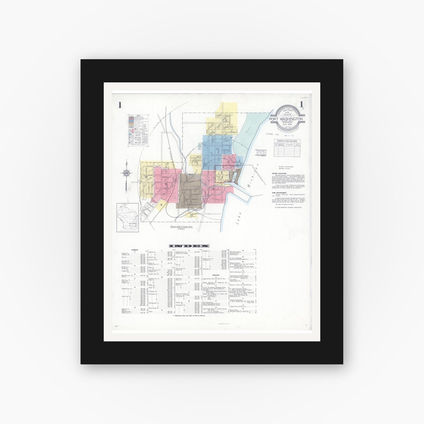 Old map wall art mockup — black gallery frame with white mat — Sanborn Fire Insurance Map from Port Washington, Ozaukee County, Wisconsin (1938) - Complete Map Set