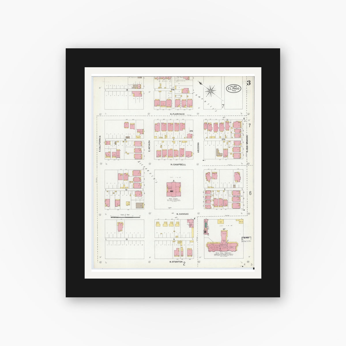 Old map wall art mockup — black gallery frame with white mat — Sanborn Fire Insurance Map from El Paso, El Paso County, Texas (1905), Sheet #0003