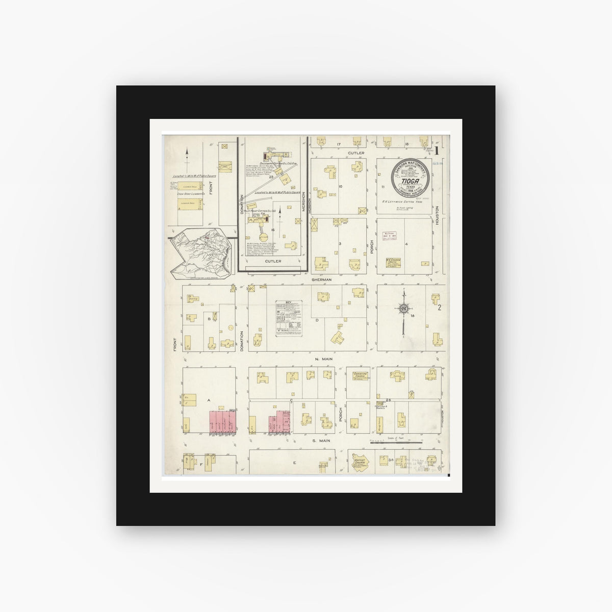Old map wall art mockup — black gallery frame with white mat — Sanborn Fire Insurance Map from Tioga, Grayton County, Texas (1914) - Complete Map Set