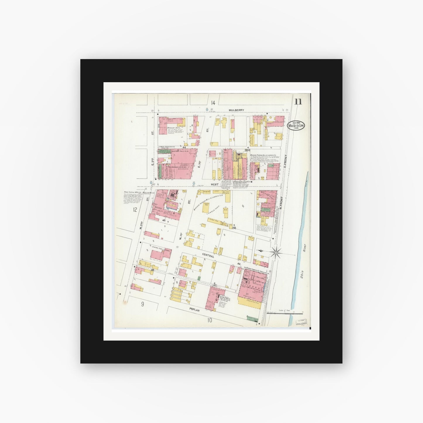 Old map wall art mockup — black gallery frame with white mat — Sanborn Fire Insurance Map from Madison, Jefferson County, Indiana (1904), Sheet #0011