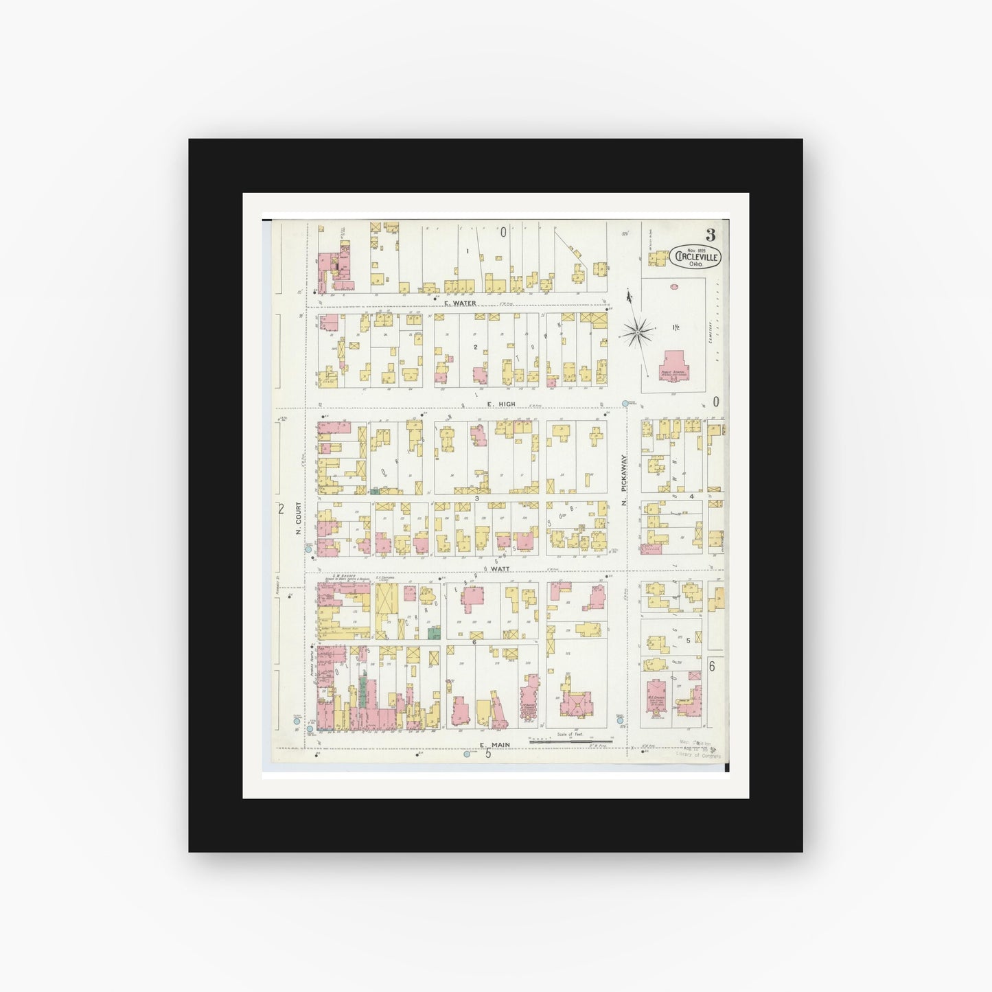 Old map wall art mockup — black gallery frame with white mat — Sanborn Fire Insurance Map from Circleville, Pickaway County, Ohio (1899), Sheet #0003