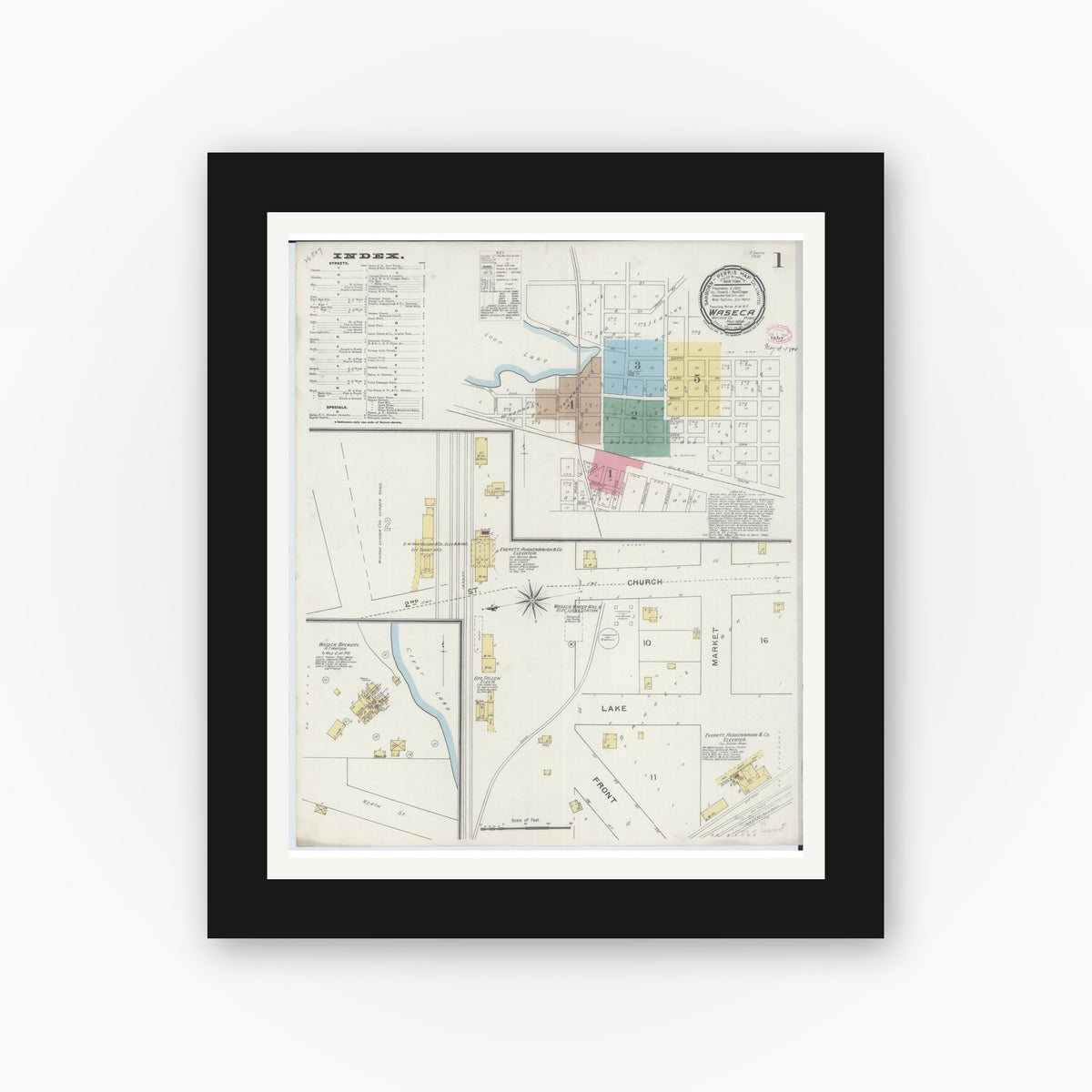 Old map wall art mockup — black gallery frame with white mat — Sanborn Fire Insurance Map from Waseca, Waseca County, Minnesota (1894), Sheet #0001