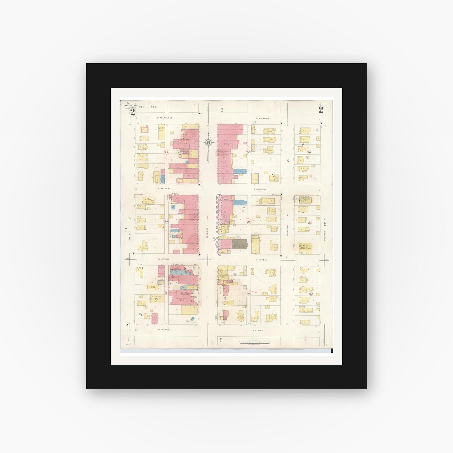 Old map wall art mockup — black gallery frame with white mat — Sanborn Fire Insurance Map from Tomah, Monroe County, Wisconsin (1944), Sheet #0002