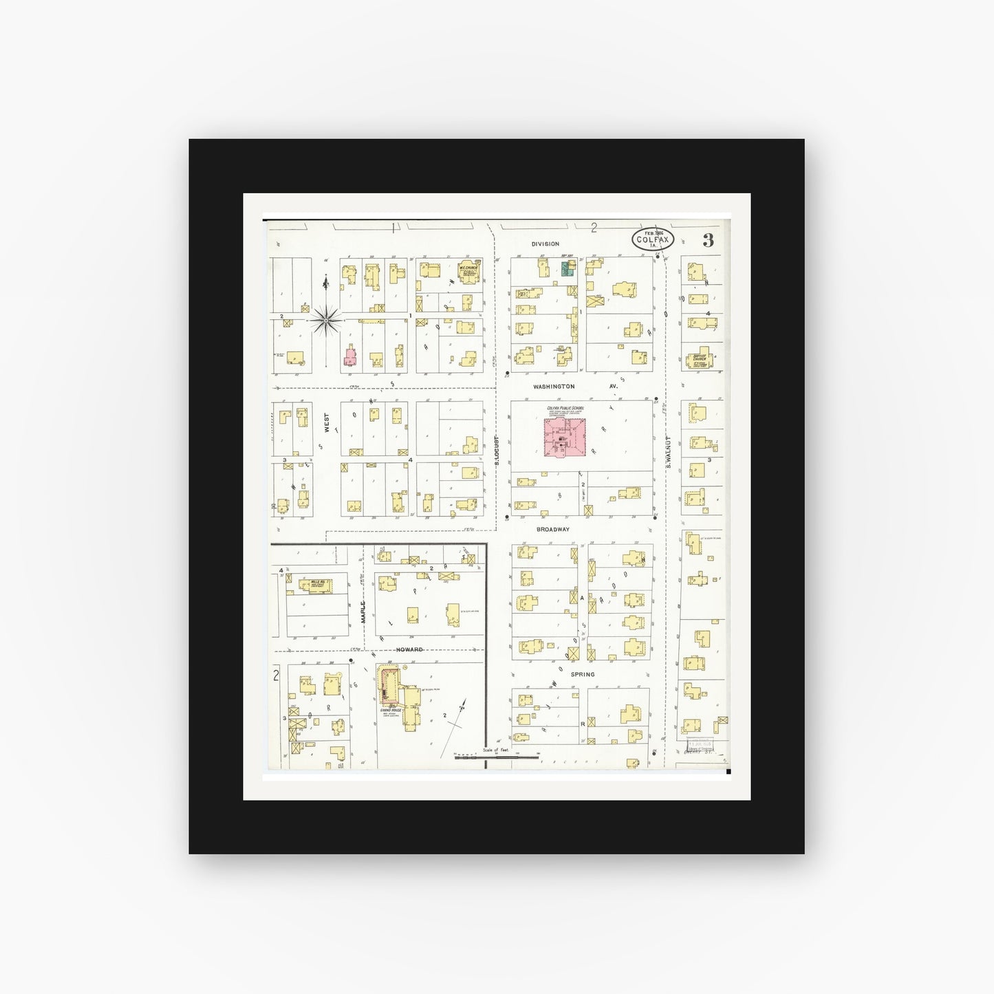 Old map wall art mockup — black gallery frame with white mat — Sanborn Fire Insurance Map from Colfax, Jasper County, Iowa (1906), Sheet #0003