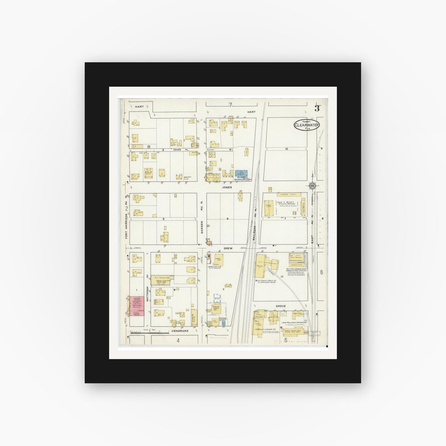 Old map wall art mockup — black gallery frame with white mat — Sanborn Fire Insurance Map from Clearwater, Pinellas County, Florida (1917), Sheet #0003