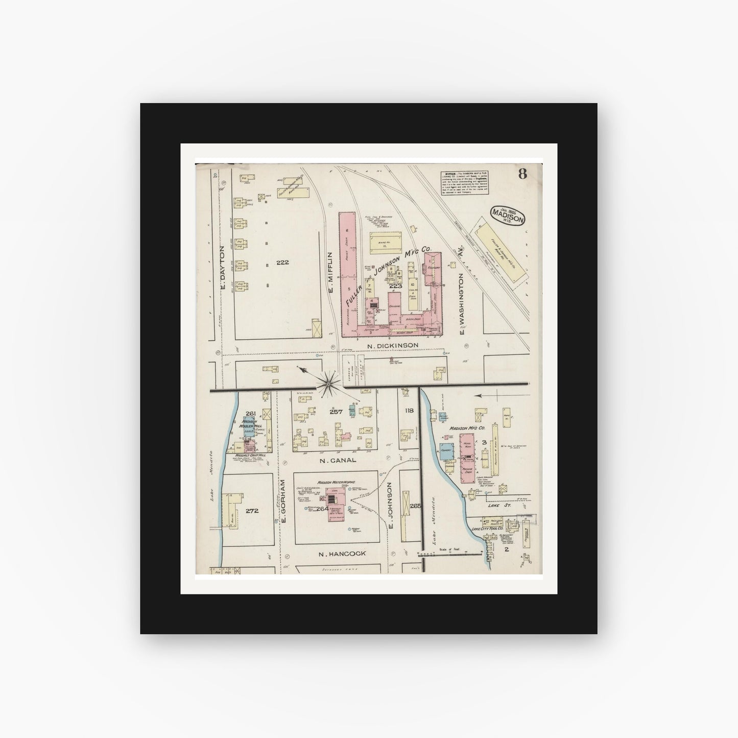 Old map wall art mockup — black gallery frame with white mat — Sanborn Fire Insurance Map from Madison, Dane County, Wisconsin (1885), Sheet #0008
