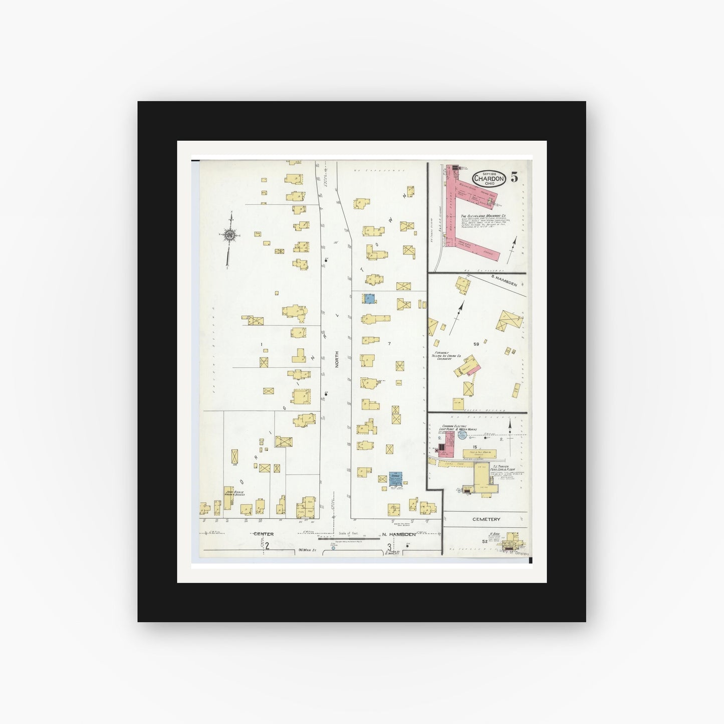 Old map wall art mockup — black gallery frame with white mat — Sanborn Fire Insurance Map from Chardon, Geauga County, Ohio (1918), Sheet #0005