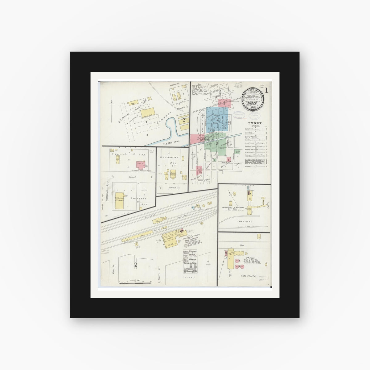 Old map wall art mockup — black gallery frame with white mat — Sanborn Fire Insurance Map from Seneca, La Salle County, Illinois (1898), Sheet #0001