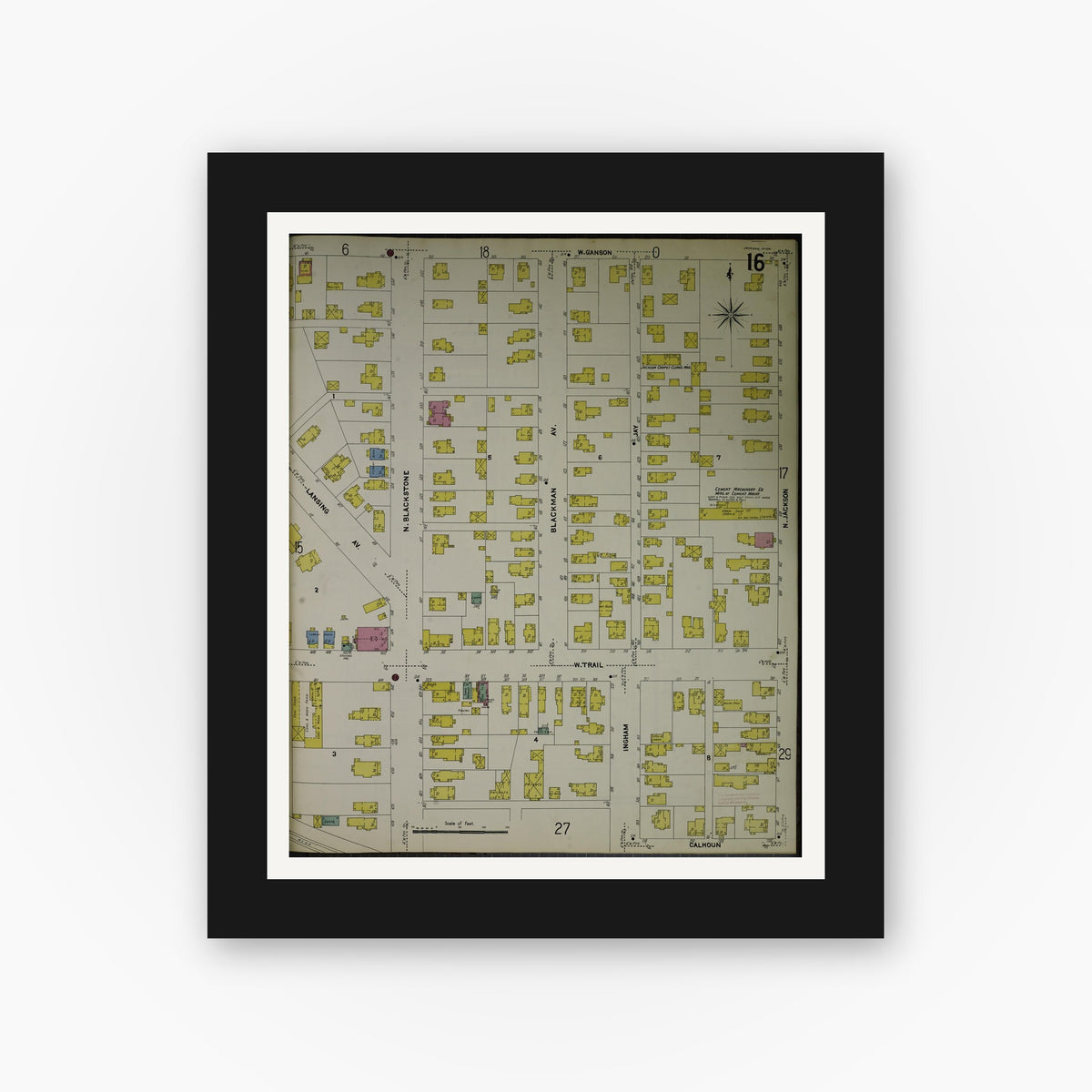 Old map wall art mockup — black gallery frame with white mat — Sanborn Fire Insurance Map from Jackson, Jackson County, Michigan (1907), Sheet #0016