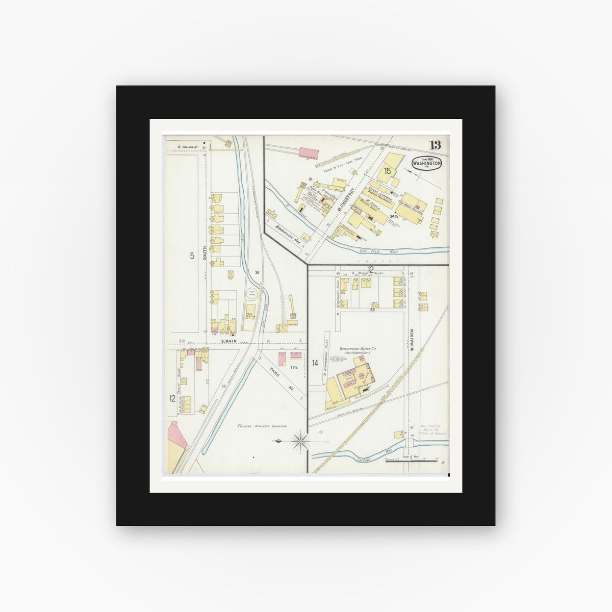 Old map wall art mockup — black gallery frame with white mat — Sanborn Fire Insurance Map from Washington, Washington County, Pennsylvania (1896), Sheet #0013