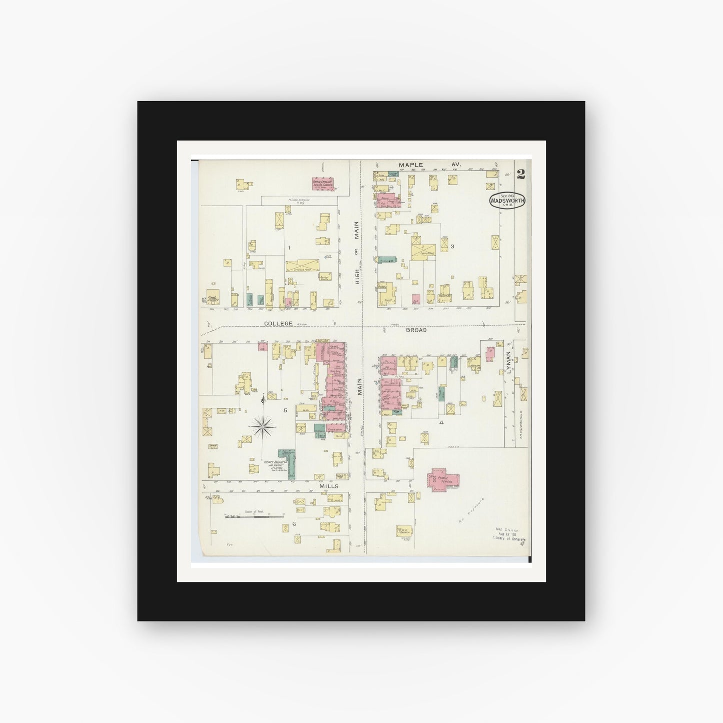 Old map wall art mockup — black gallery frame with white mat — Sanborn Fire Insurance Map from Wadsworth, Medina County, Ohio (1893), Sheet #0002