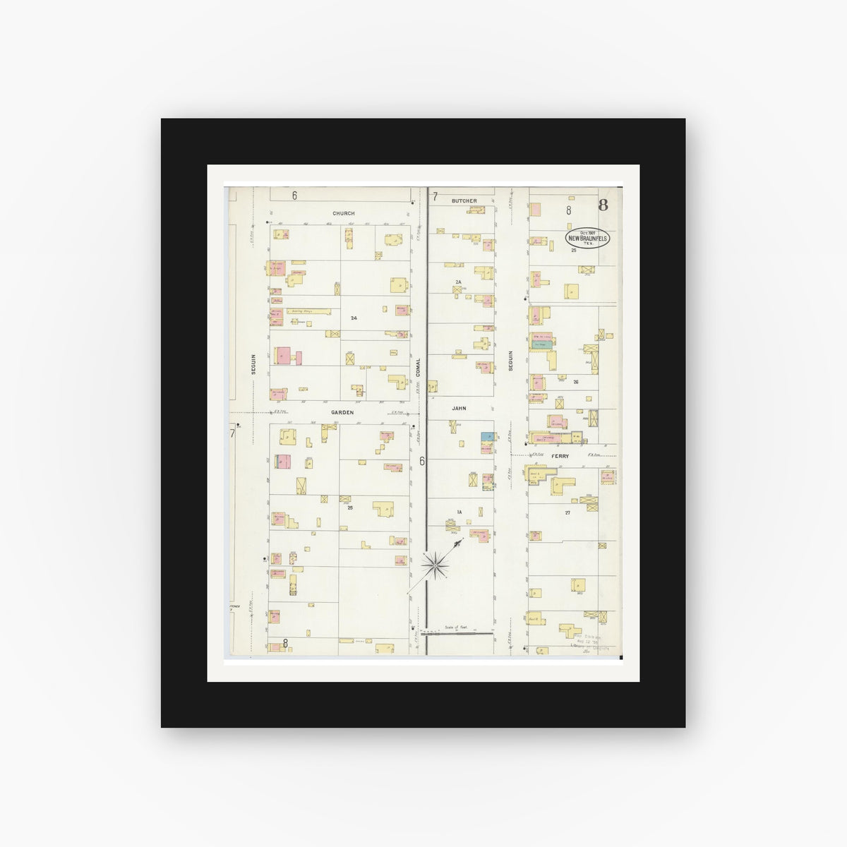 Old map wall art mockup — black gallery frame with white mat — Sanborn Fire Insurance Map from New Braunfels, Comal County, Texas (1907), Sheet #0008