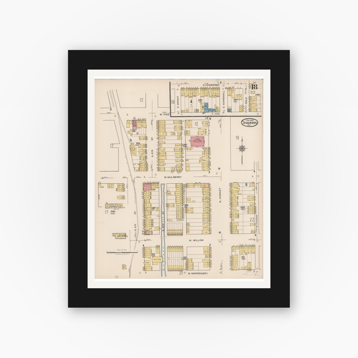 Old map wall art mockup — black gallery frame with white mat — Sanborn Fire Insurance Map from Shamokin, Northumberland County, Pennsylvania (1922), Sheet #0018